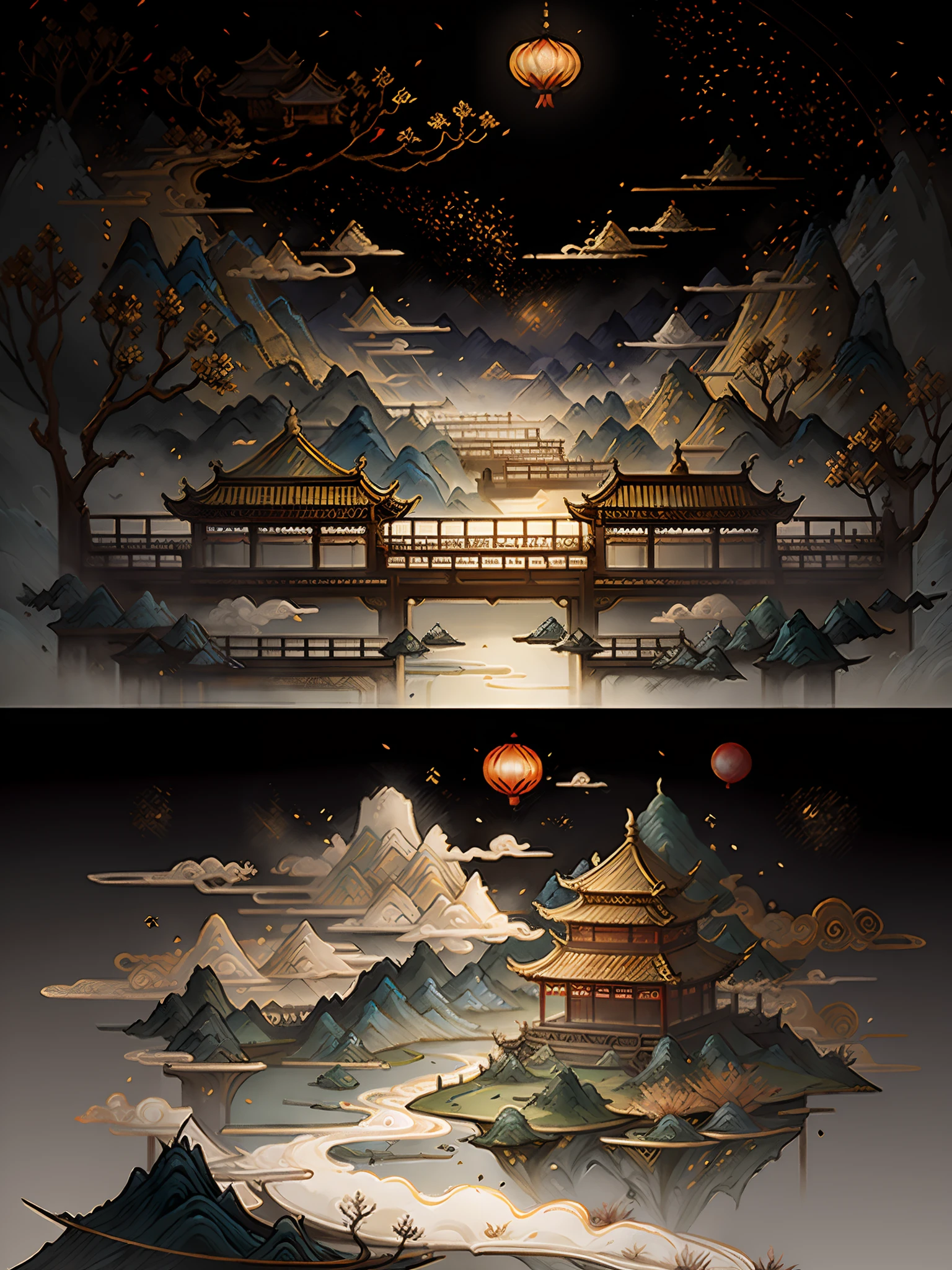 An ancient Chinese painting, ancient Chinese background, mountains, rivers, auspicious clouds, pavilions, sunshine, masterpieces, super detail, epic composition, ultra HD, high quality, extremely detailed, official art, unified 8k wallpaper, Super detail, 32k -- v 6