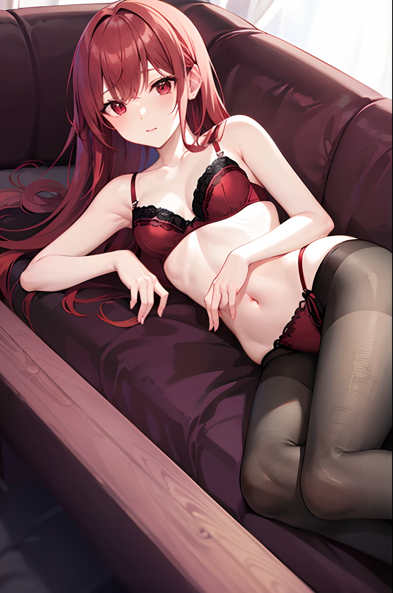 red hair, girl, lying on couch, long hair, medium breasts, black pantyhose, red bra, waking up, red eyes,breasts, small breasts, corset