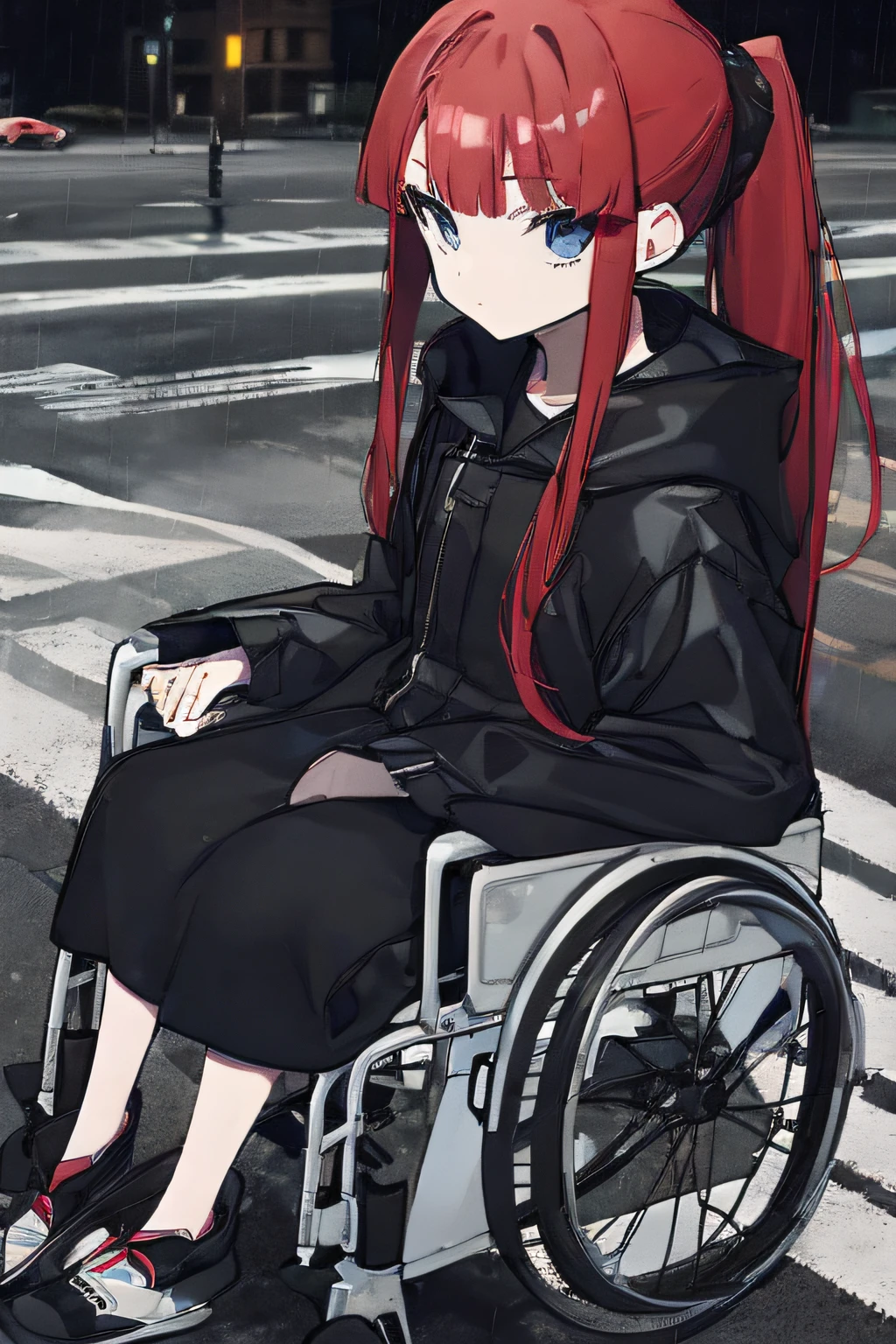 (1girl), young girl, masterpiece, high quality, red hair, bangs, blue eyes, (ponytail), (long hair), (straight hair), (in the crosswalk), (sitting in a wheelchair), (in the night), dark, ((raining)), wearing a black rain coat, ((detail face)), (a clear line)
