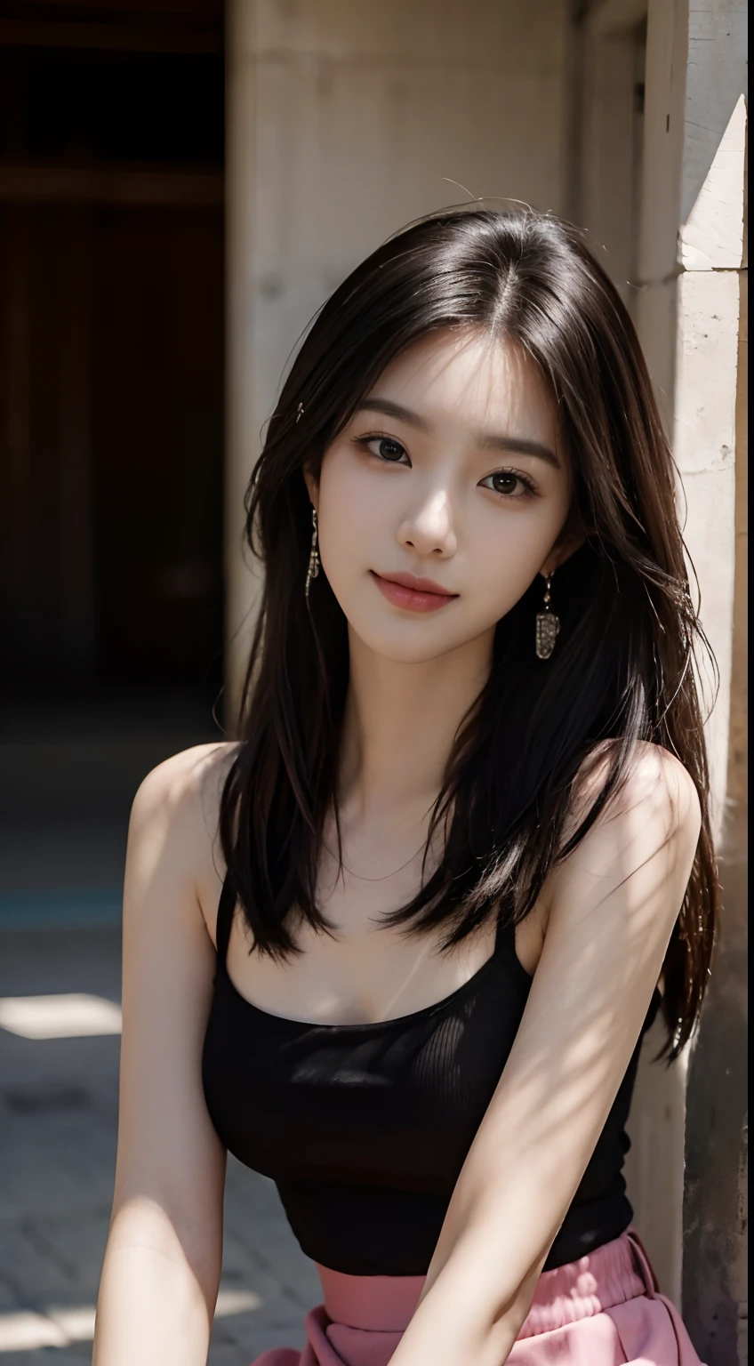 (masterpiece), a stunning photograph of korean girl model, full body, 8k, raw photo, looking at viewer, (highly detailed skin:1.2), small breasts, slim body, white hair, (photorealistic:1.4), black shirt, pink skirt, solo, jewelry, earrings, (looking at viewer), long hair, brown eyes, portrait, realistic, smile, makeup, carpark