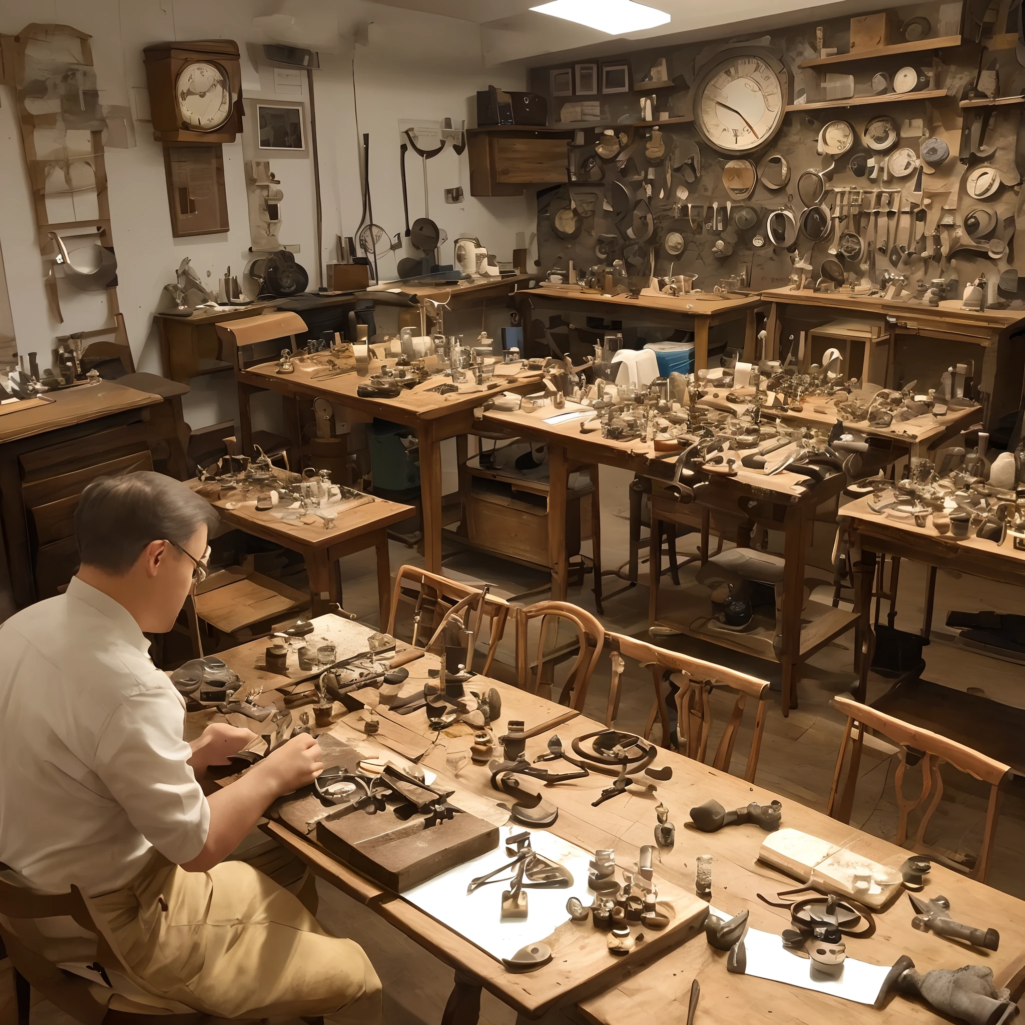 Watchmaking workshop.room,Everywhere on the walls hang various clocks, The table on which the clock is repaired is lined with various tools;,spare parts for watches.There is an old chair near the table.