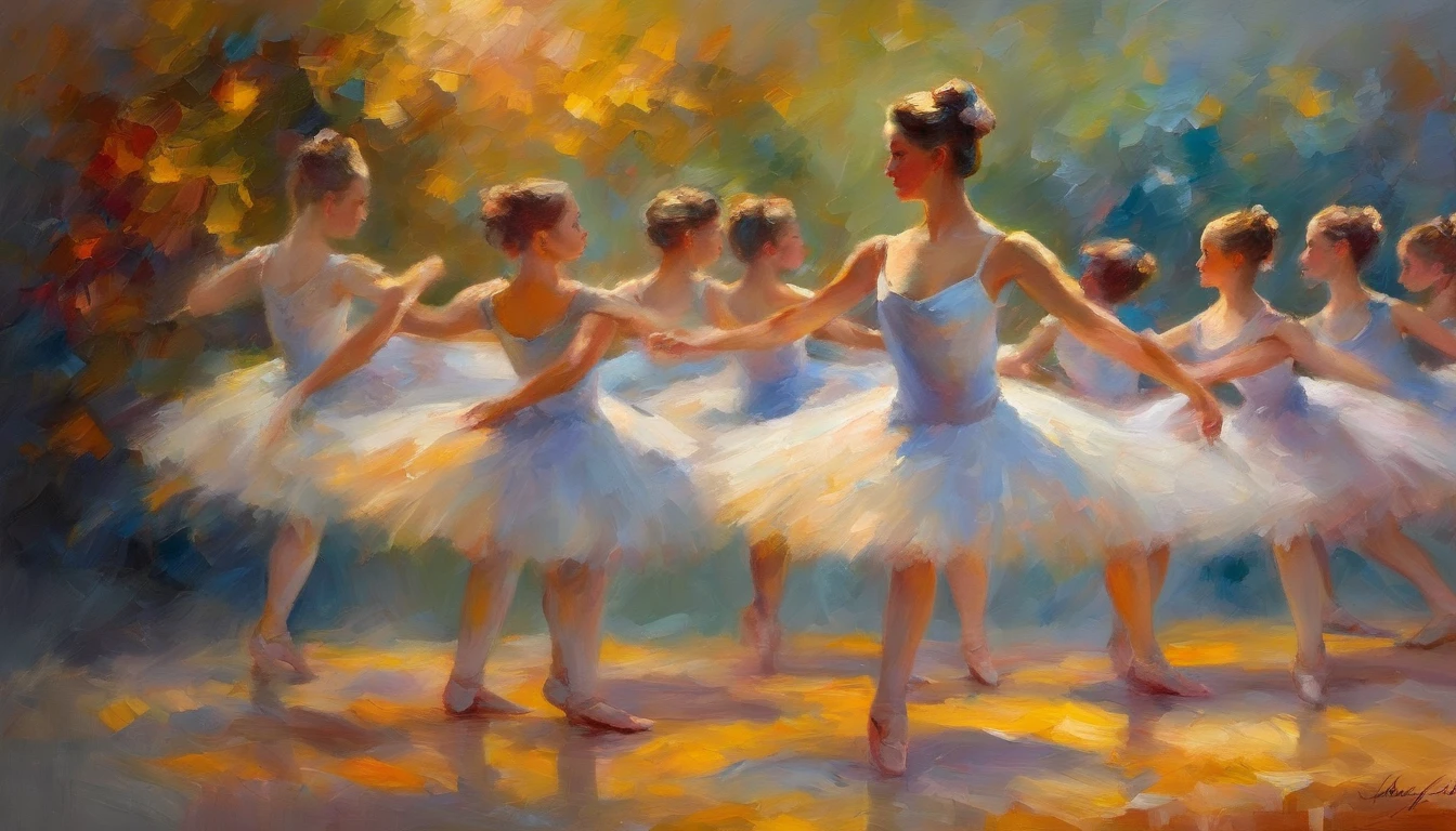 Young classical dancers, With ballet poses, Female 18 years old, Portraits taken by 8 Cobra Masters、Top quality people々、morning、1girl in、There is a bright light、Blissful、Cool morning sun、(spark of light:0.7) 、on foot、landscapes