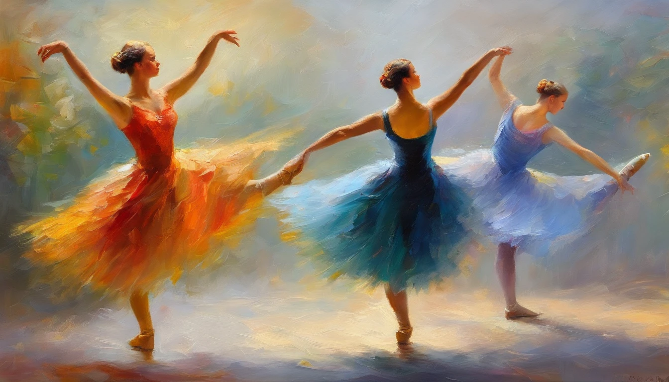 Young classical dancers, With ballet poses, Female 18 years old, Portraits taken by 8 Cobra Masters、Top quality people々、morning、1girl in、There is a bright light、Blissful、Cool morning sun、(spark of light:0.7) 、on foot、landscapes