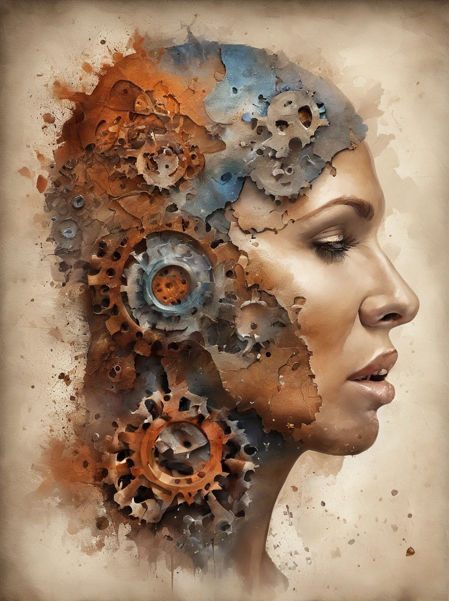 3d puzle , staring beauty woman , redhead, Ogive explosive, Machine parts embedded in the face, Volatil, inspired by Igor Morski, Dramatic artwork, photomanipulation, Manipulation de photos, Disintegration,, explosion of data fragments, tinnitus, official artwork, incredibly high detailed, Photoshop Art, effet de bruit, dark blue
