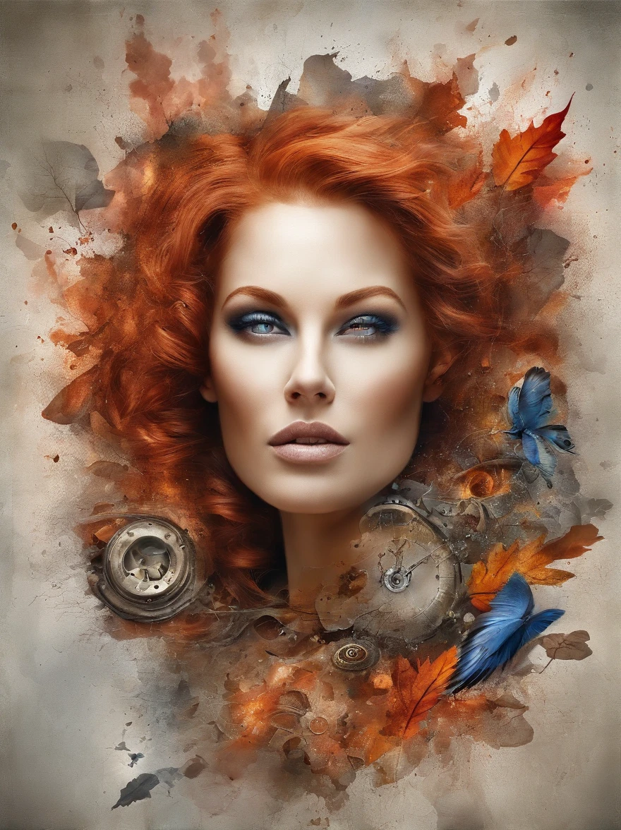 3D puzzles , good looks  , Redhead, Explosive warhead, Machine parts embedded in the face, volatile, inspired by Igor Morski, dramatic artwork, photomanipulation, photo manipulation, disintegration,, explosion of data fragments, Humph, offcial art, incredible high details, photoshop art, Noise effect, em cor azul escuro