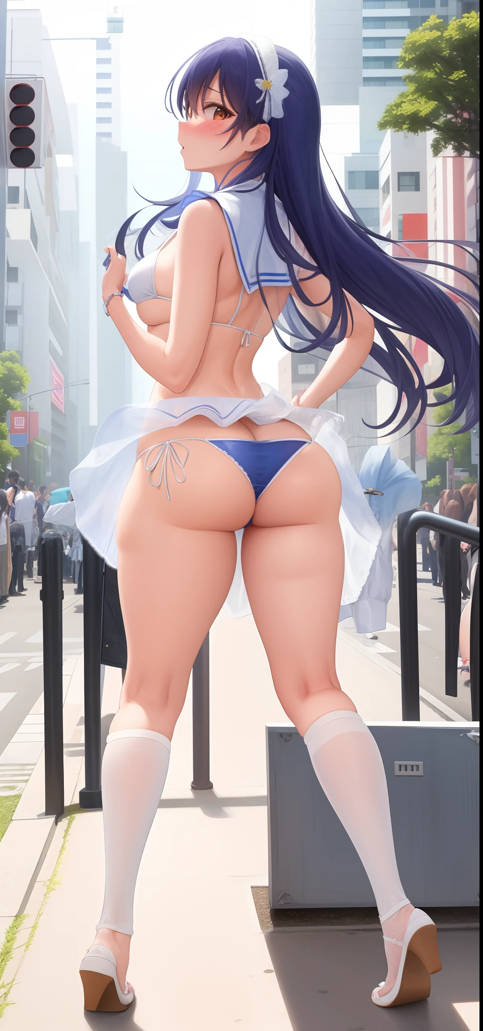 Masterpiece,best quality , detailed face,Sonoda umi, white micro bikini ,ass, behind, looking back at viewer,in street, crowd,big ass, embarrassed, surprised, exposed ass, wedgie