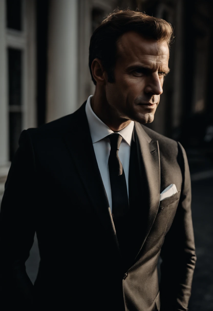 corps entier, Wide-angle close-up portrait of President Macron's body , Grand et en forme, (40 ans:1.1), (shaven:1.2) , (cheveux bruns courts:1.2),(Cheveux courts:1.3). Dark brown tight velvet suit, (La veste a des motifs de fleurs noires:1.2). (posing outside the mansion with a luxury car:1.1), crowded street with cafes in the distance, Cold and dark sunset at dusk, (Edge Light:1.1),(Concentrez-vous sur les yeux), (angry look), (hard light on the skin:1.2), (ombres dures, dark themed, Contraste profond:1.1), (photographie de portrait par Annie Liebovitz), Dark mint theme and choral aesthetics, (skin imperfections)