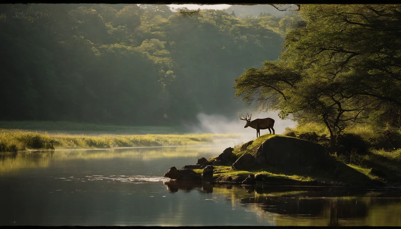 japan ancient times, spring, jungle, lake, cave, waterfall, tree, meadow, rock, deer, hot spring, water vapor
