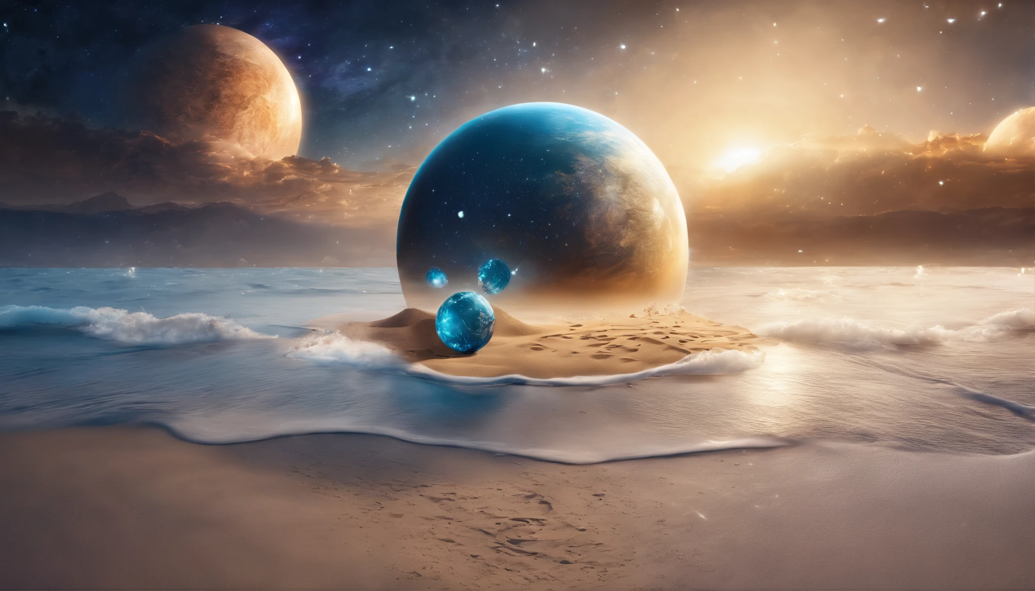 huge planet, the night, starrysky, surrealism, masutepiece, hight resolution、Impressive Milky Way、sand beach、Blue glowing sea