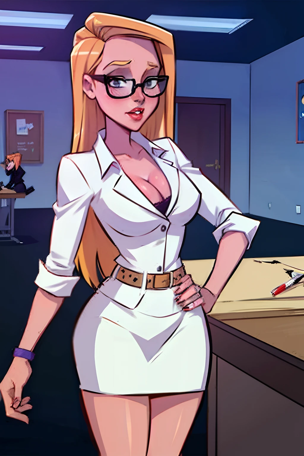 best quality, masterpiece, btfrm,  cowboy shot,rachel and stacy, (duo), white shirt,office suit, black plain pencil skirt,glasses, orange hair, green eyes, medium breasts, teasing, office