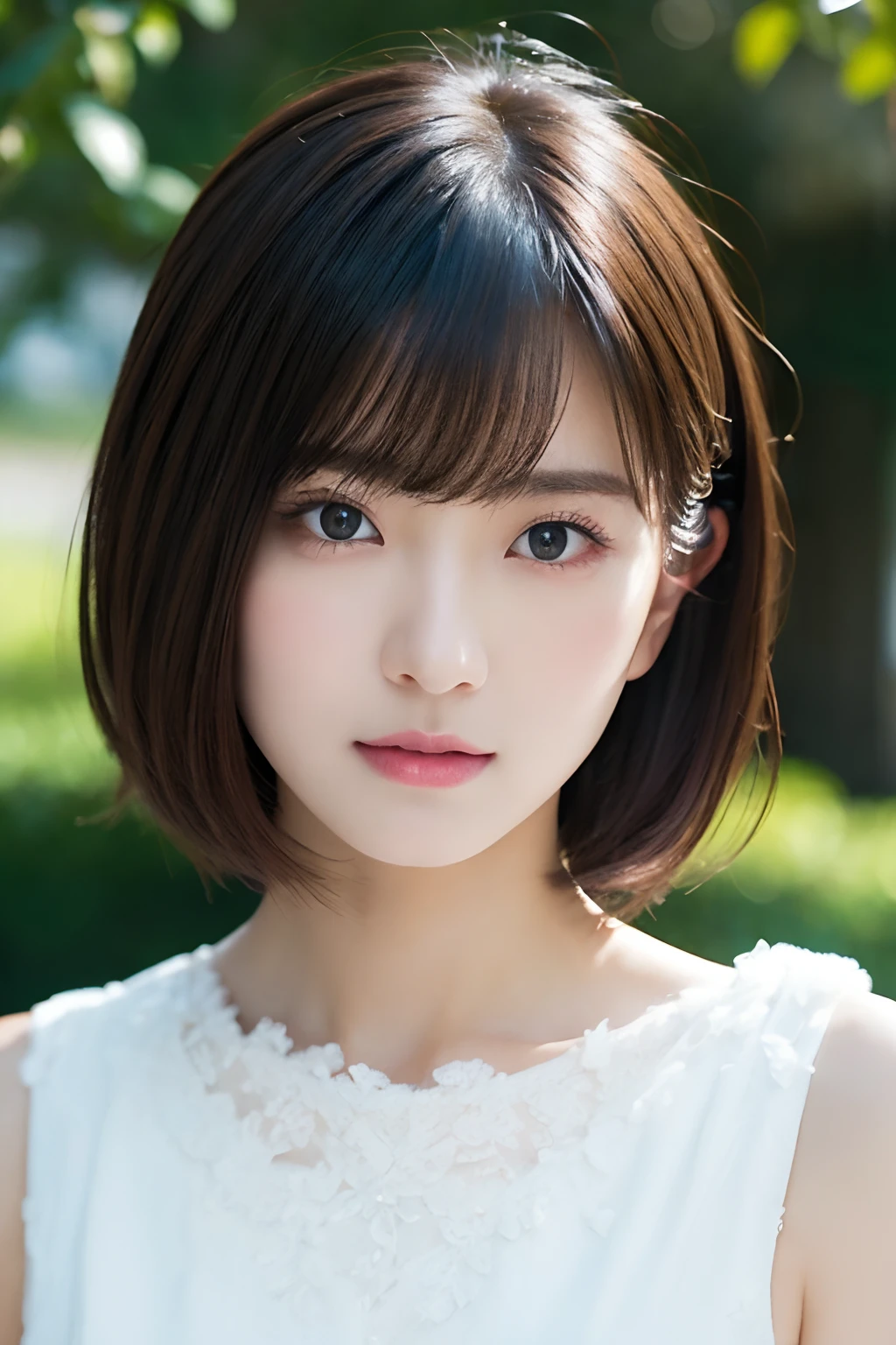 (Transcendent Beautiful Girl:1.2), Nogizaka Idol Photo Collection, ​masterpiece, Highest Quality, winning artwork, Great skin, delicated face, kawaii faces, Young Face, Clean and clean appearance, Twinkle Eyes, double eyelid, Small, Beautiful breasts, ((hight resolution)), ((the Extremely Detailed CG Unity 8K Wallpapers)), Short hair, Bangs, Elegant rounded bob, Portrait of woman in white dress, captivating and enticing, Castles in Europe, thick mist, cloudiness, Fantastic atmosphere