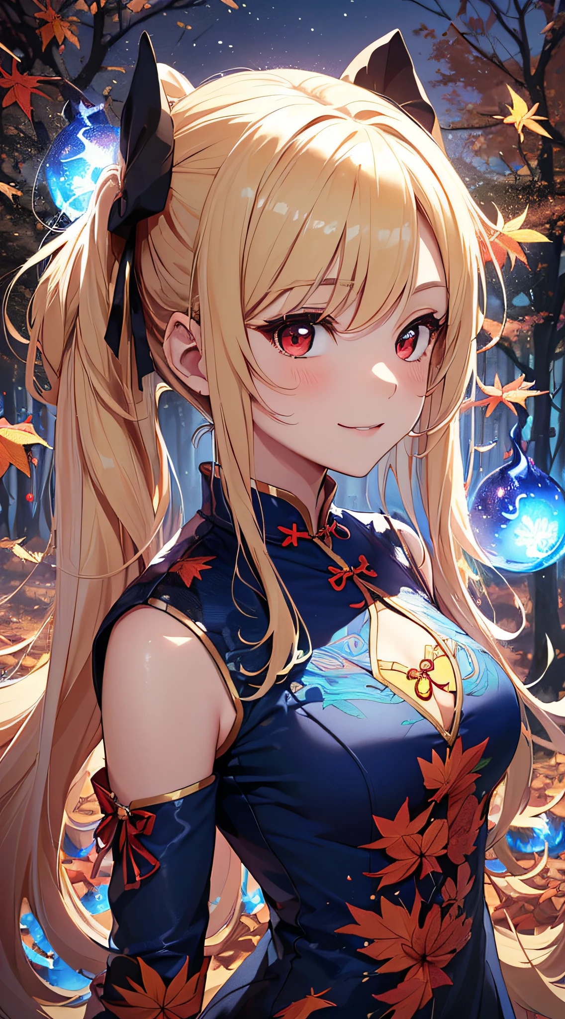 top-quality、Top image quality、​masterpiece、girl with((18year old、Black and red cheongsam、Best Bust、Bust 90、Blonde twintails、Red Eyes、open chest wide、Valley、Happiness、A slender、ssmile、Blue aura on both arms、Glass hair fastening)）hiquality、Beautiful Art、Background with((Park of autumn leaves at night、Floating blue fireball、Fantastic world、blue flames))、masutepiece、Elaborate design、visualart、