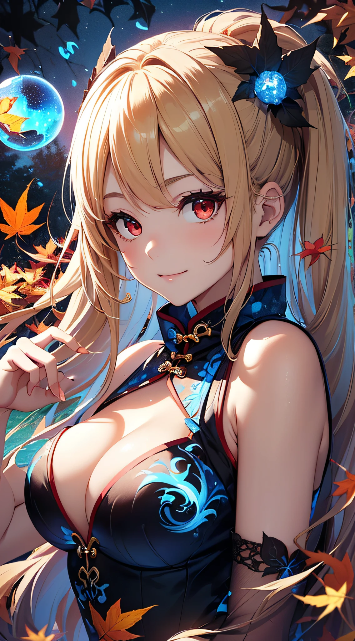 top-quality、Top image quality、​masterpiece、girl with((18year old、Black and red cheongsam、Best Bust、Bust 90、Blonde twintails、Red Eyes、open chest wide、Valley、Happiness、A slender、ssmile、Blue aura on both arms、Glass hair fastening)）hiquality、Beautiful Art、Background with((Park of autumn leaves at night、Floating blue fireball、Fantastic world、blue flames))、masutepiece、Elaborate design、visualart、