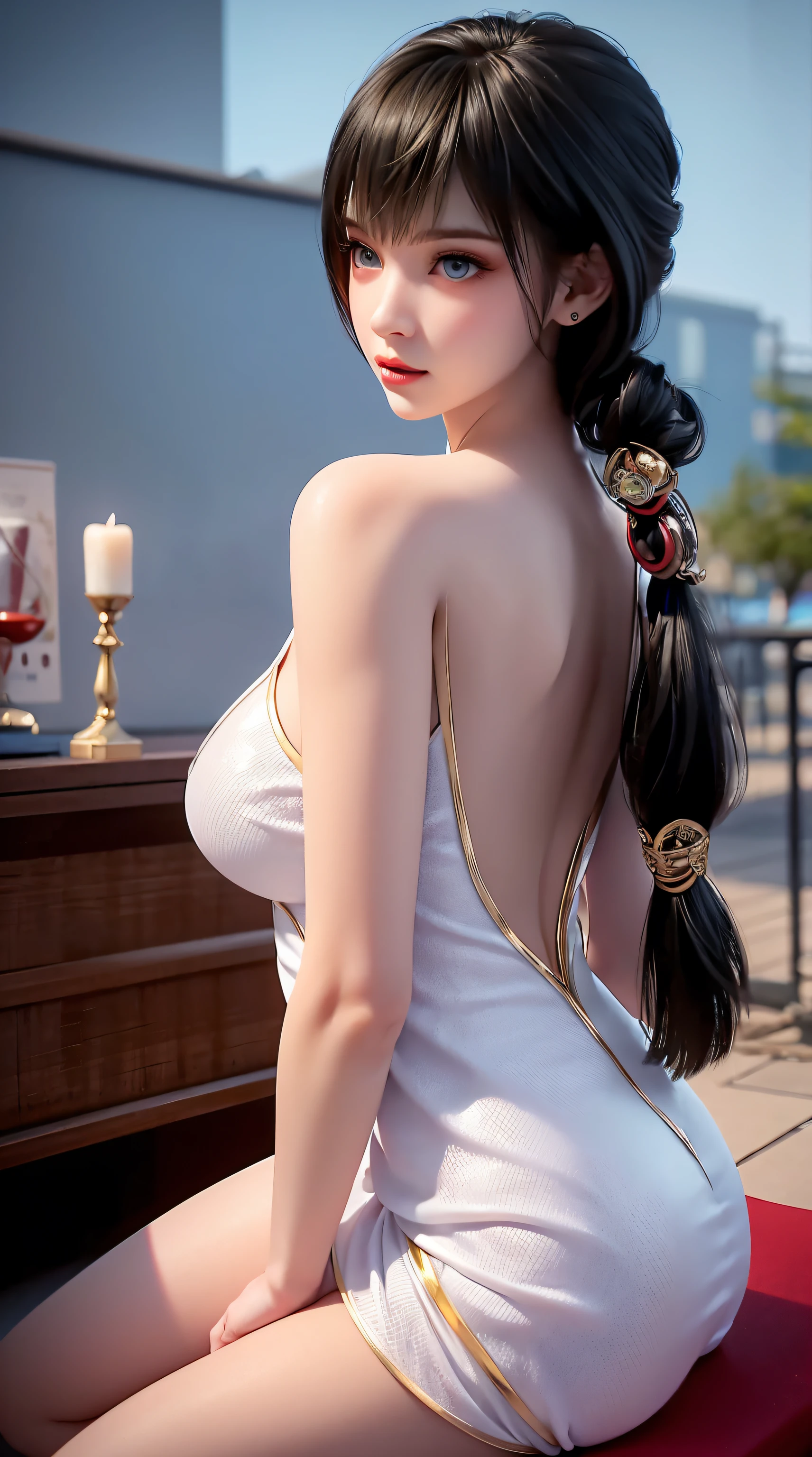 1 beautiful 20 year old girl, (wearing a thin see-through white short dress: 1.6), (revealing), jewelry elaborately crafted from precious stones, ((hair tied on both sides: 1.5)), style the noble, aristocratic manner of an extremely beautiful girl, very pretty face, thin eyebrows, beautiful flawless face, ((black eye pupil: 0.8)), very beautiful eyes, ( (platinum blue eyes: 1.6 )), (((wide eyes: 1.6))), beautiful makeup and detailed hairdo, eyelashes, steamy eye makeup, high nose, earrings, red lips, ( ( closed mouth: 1.5)) beautiful lips, slim hands, most beautiful thighs, ((arms spread out to the sides: 1.5)), rosy face, clean face, flawless beautiful face, skin smooth white, (big breasts: 1.5) ), ((high breasts: 1.6)), firm breasts, nice cleavage, (((big and super round breasts: 1.8))), ((super firm breasts: 1.7)) , beautiful breasts, perfect body , back arms, exposed chest, thin black fishnet stockings with black lace trim, 8k photo, super high quality, super realistic, super 10 x pixels, optical, bright studio , light edges, two-tone lighting, (high detail skin: 1.2), ultra 8k , soft light, high quality, volumetric lighting, optical, high optical resolution, lighting, best photo, 4k, 8k quality, bokeh effect, smooth sharpness, 10 x pixels, ((sea and moonlight on night background: 1.5)), aurora, lightning, super graphics realistic, most realistic graphics, 1 girl, alone, solo, Extremely sharp, surreal image, ((facing viewer: 1.5)), (sitting)