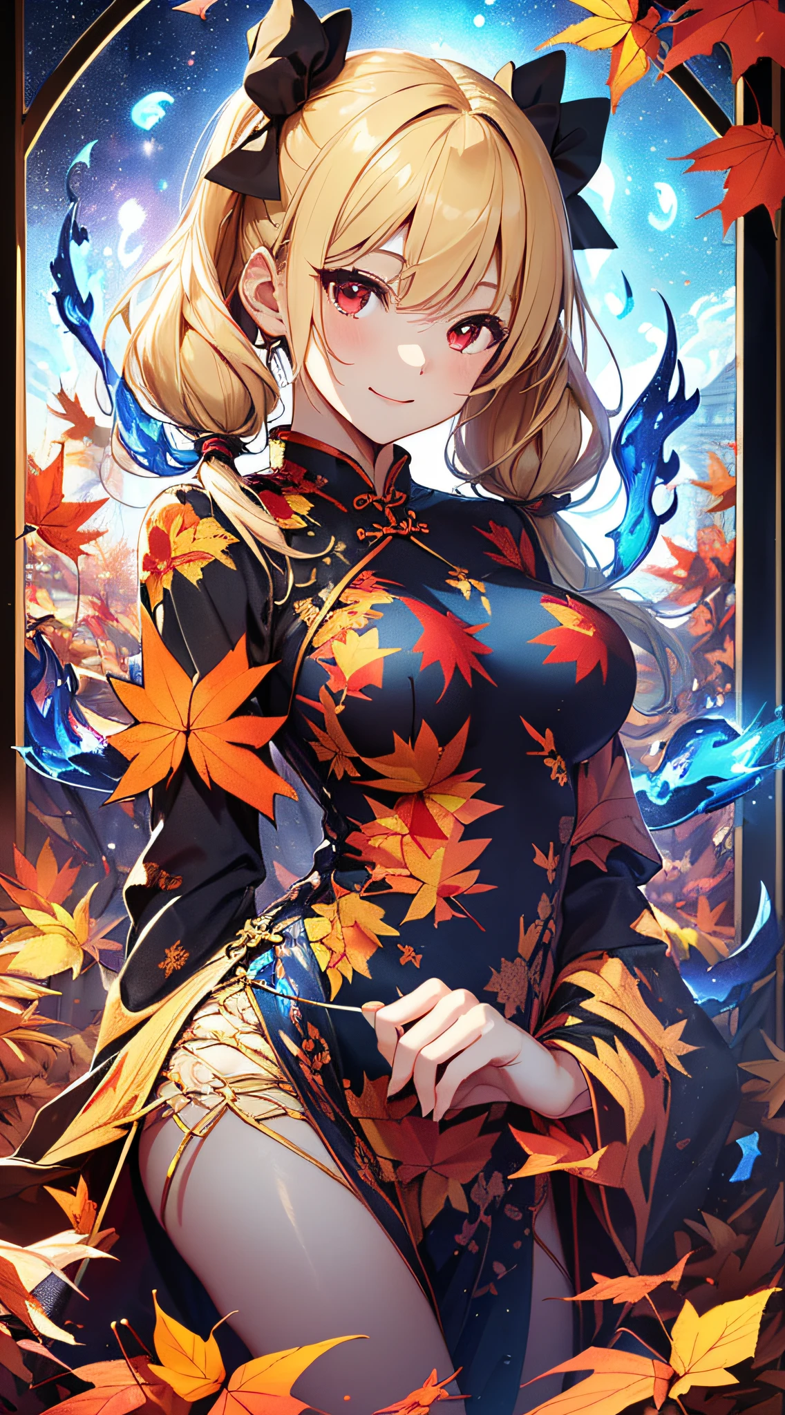 top-quality、Top image quality、masterpiece、girl with((18year old、Black and red cheongsam、Best Bust、Bust 90、Blonde twintails、Red Eyes、open chest wide、Valley、Happiness、A slender、ssmile、Blue aura on both arms、Glass hair fastening))hiquality、Beautiful Art、Background with((Park of autumn leaves at night、Floating blue fireball、Fantastic world、blue flames))、masutepiece、Elaborate design、visualart、