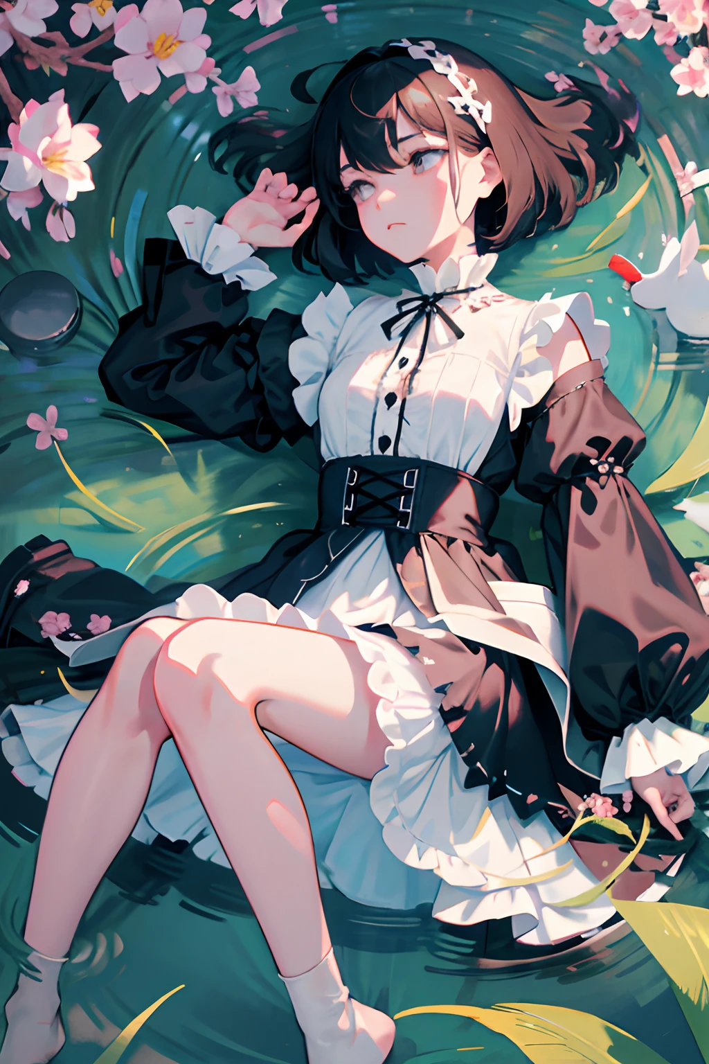 Knees,Curtsey,lift up one's skirt,child,(masterpiece,Highest Quality),(shortsleeves,White Gothic Lolita),Sleepy face,Round eyes,A dark-haired,Semi-long bob,bare-legged,small stream,cherry trees,undergarment