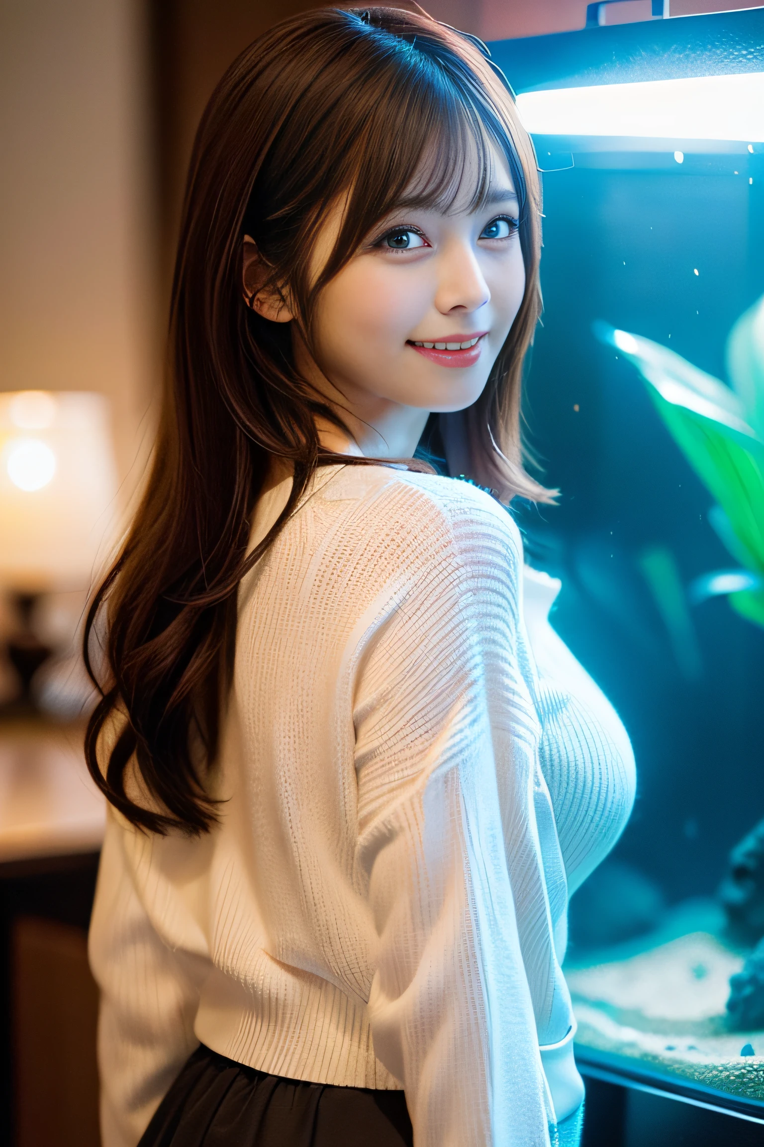 in 8K,Best Quality:1.4, 超A high resolution:1.5, (Photorealistic:1.4),​masterpiece:1.2,(top-quality:1.4)、 Raw photo、(the background is blurred), aquariums、FULL BODYSHOT:1.5、 1日本人の女の子, Cute, (Solo), (huge smile), Smooth skin、(30-years old:1.4)、to stand、Check miniskirt、Cute mini skirt、 (Brown medium hair,Bangs), (touch hair:1.4)、nogizaka、cute little、Supple fingertips,Beautiful black eyes、natural skin textures:1.3, realistic eyes and face details:1.7、middlebreasts、gazing at viewer、beauty legs、autumnal、long-sleeve、fish tank、AngelT