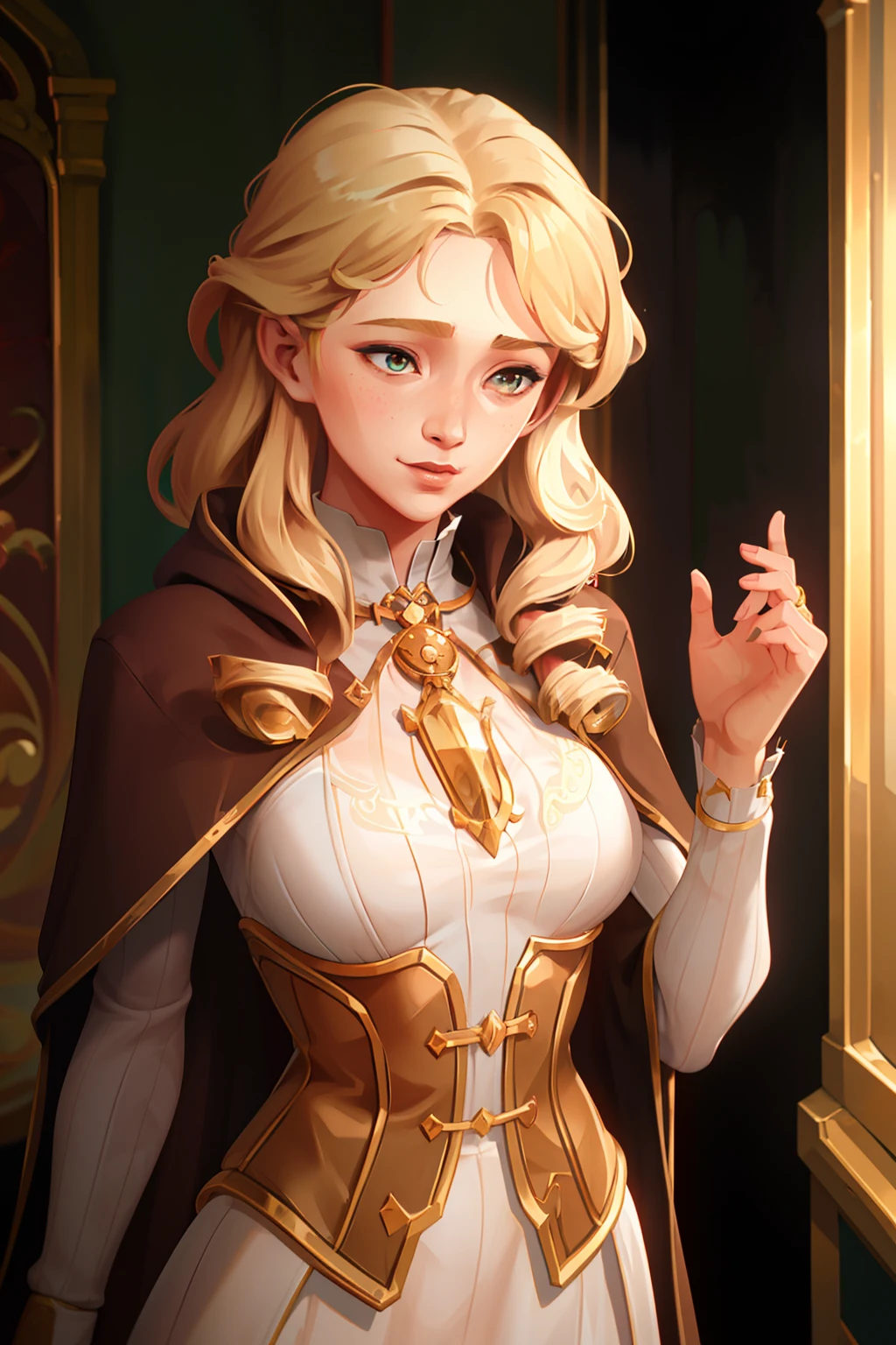 (((masterpiece))),(((best quality))),((ultra-detailed)),(illustration),((extremely delicate and beautiful)),(beautiful detailed eyes),(detailed light) (1girl), solo, blonde, curly hair, ringlet hair, long curly blonde hair, fantasy, golden eyes, female, beautiful, shy, ager, young woman, yellow dress, brown corset, ((long brown cloak)), long skirt, large breasts, wide hips, hourglass figure, shy smile, casting golden magic,