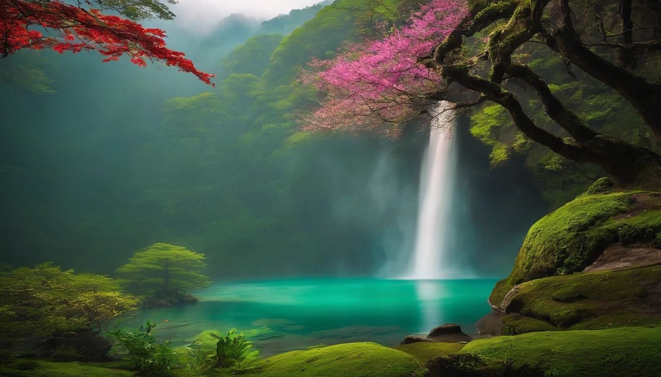 japan ancient times, spring, jungle, lake, cave, waterfall, tree, meadow, rock, deer, hot spring, water vapor