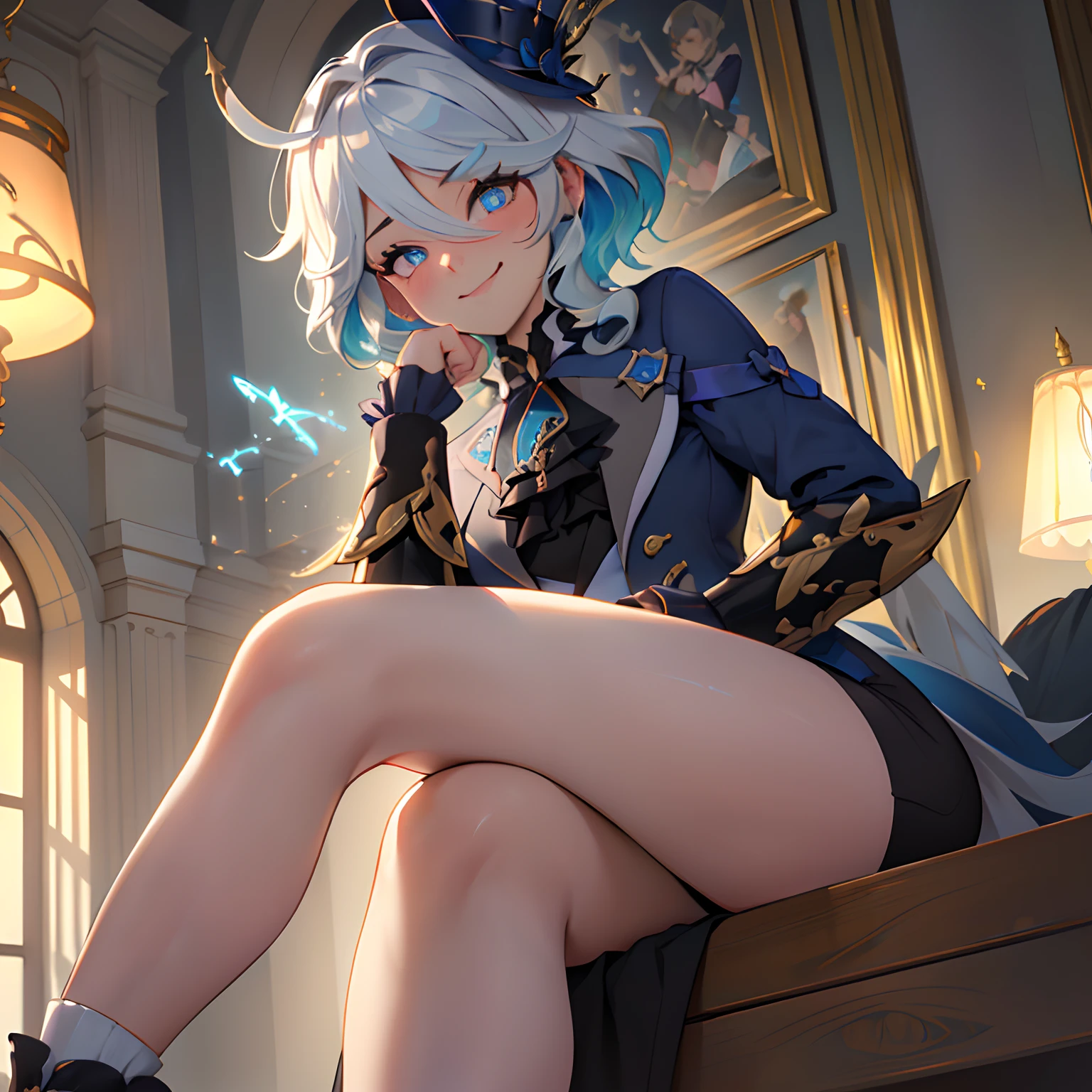 Furina, Surrealism, 8k, super detail, hydro aarchon, thicc thighs, sitting, bratty face, smug, beautiful eyes, genshin, masterpiece, best quality, ultra-detailed, illustration, epic lighting, cinematic composition, isometric, 1girl, solo, cute,enchanting gaze, captivating pose, indoors, looking at viewer, blush, seductive smile, closed mouth, bratty, smug(8k:1.1),