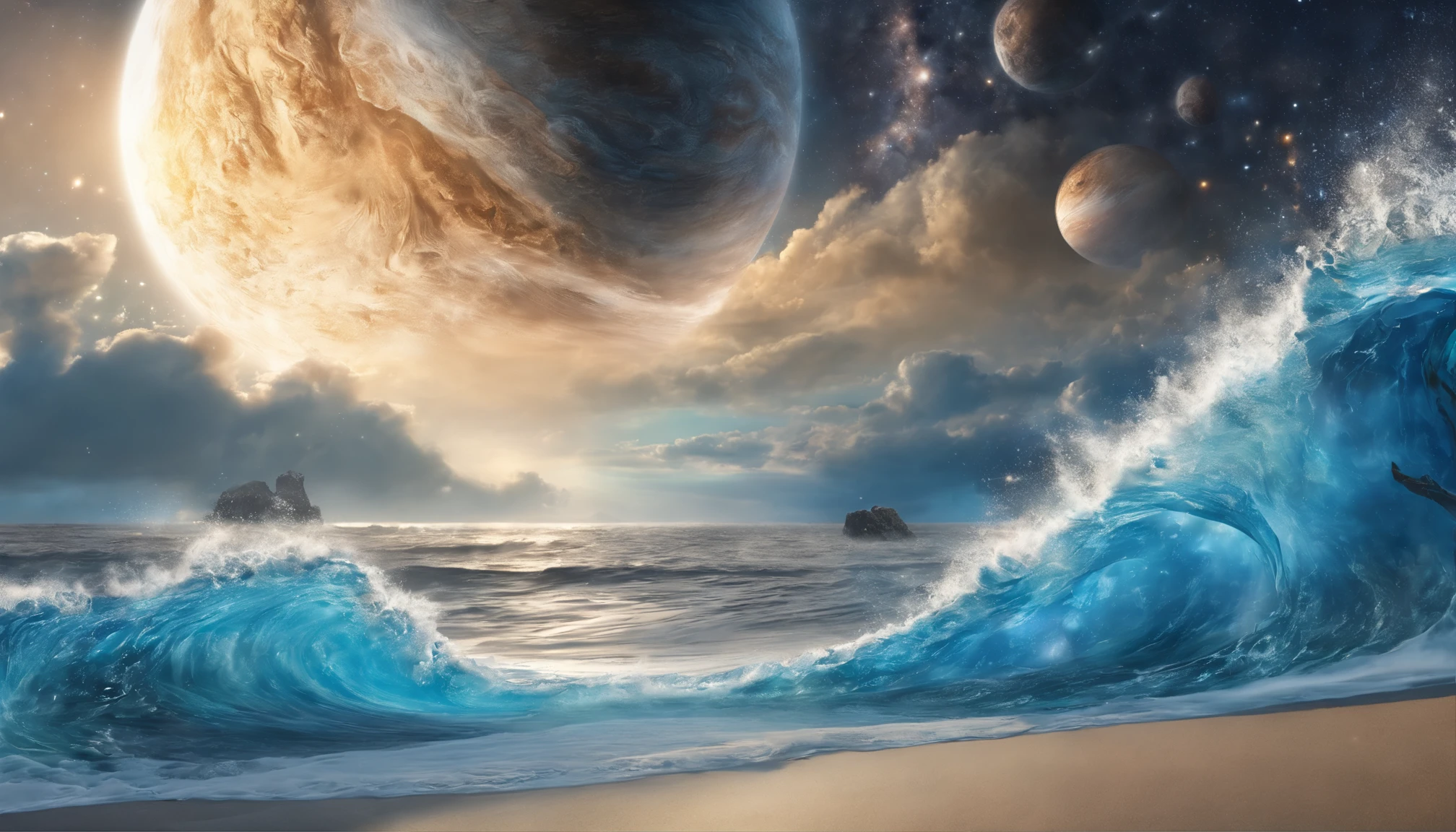 huge planet, the night, starrysky, surrealism, masutepiece, hight resolution、Impressive Milky Way、sand beach、Blue Sea、Washed up ice floes