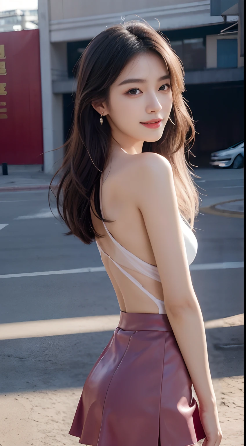 (masterpiece), a stunning photograph of korean girl model, full body, 8k, raw photo, looking at viewer, (highly detailed skin:1.2), small breasts, slim body, white hair, (photorealistic:1.4), black shirt, pink skirt, solo, jewelry, earrings, (looking at viewer), long hair, brown eyes, portrait, realistic, smile, makeup, carpark