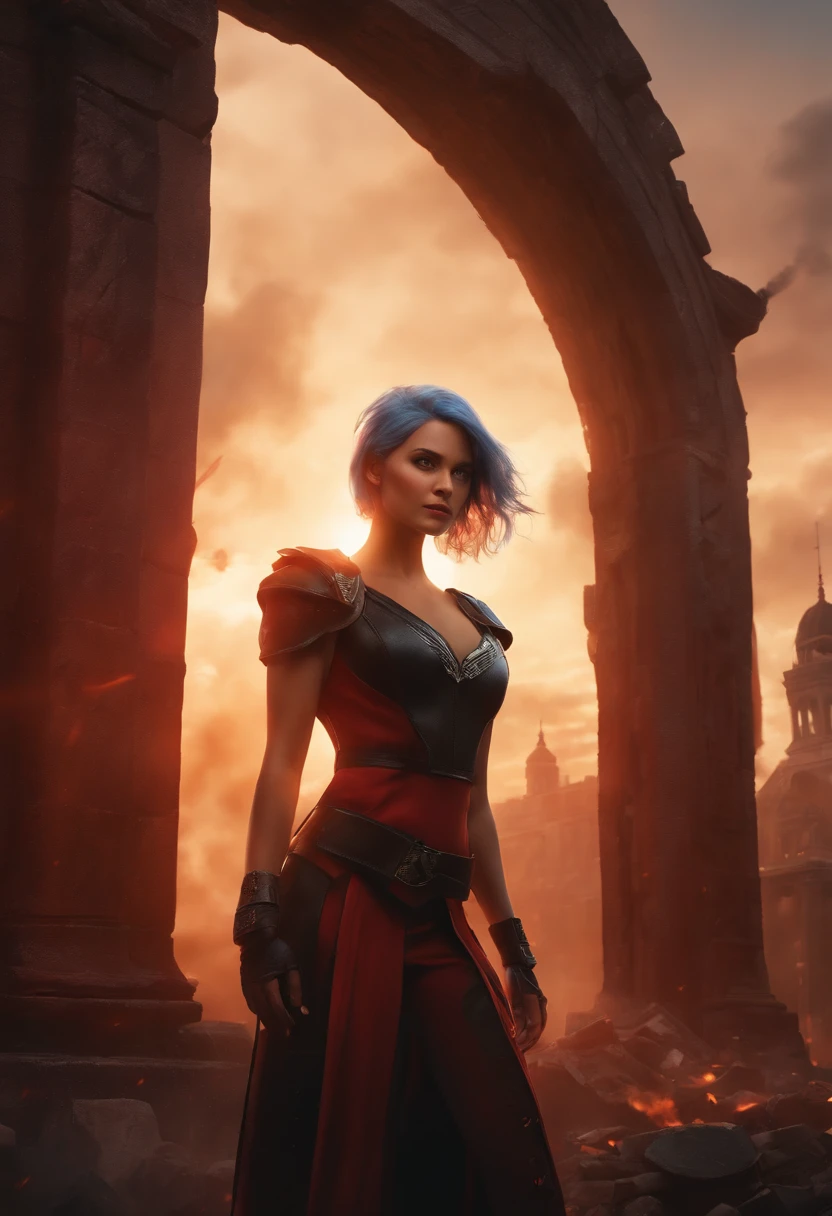 (best quality,4k,8k,highres,masterpiece:1.2),ultra-detailed,(realistic,photorealistic,photo-realistic:1.37),portrait,anime,A girl with blue eyes and short blue hair in a dynamic pose, wearing her iconic red-and-black outfit. She has a confident expression and is surrounded by a powerful aura. The scene is set in a post-apocalyptic cityscape, with crumbling buildings and a fiery sky. The colors are vibrant with a mix of blues, reds, and oranges. The lighting is dramatic, casting long shadows and highlighting the intensity of the scene. [destroyed buildings], [battle wreckage], [flying debris], [epic battle], [powerful energy].