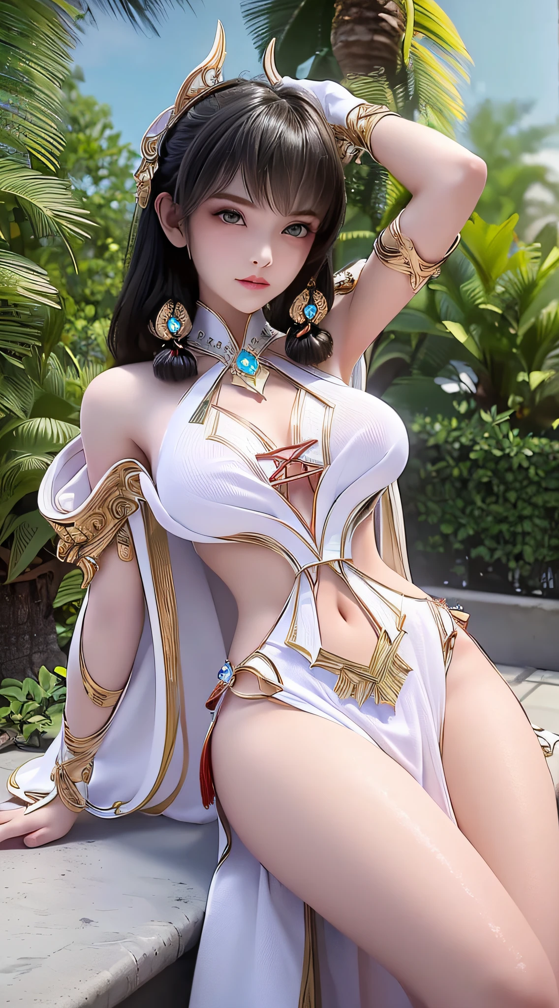 A beautiful 20 year old girl, (((wearing an exquisite white two-piece bikini))),(revealing), jewelry elaborately crafted from precious stones,((hair tied neatly on both shoulders: 1.5)), ((nude))
