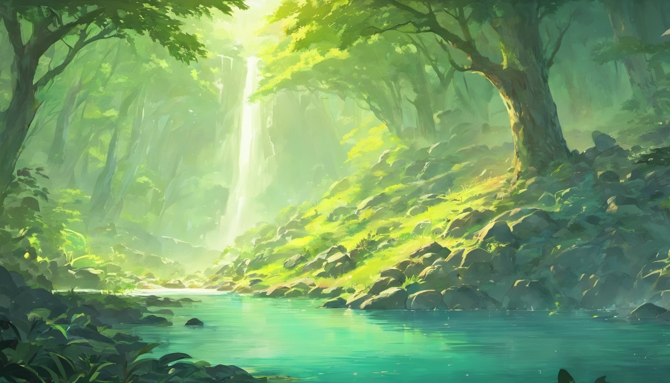 A painting of a waterfall in a forest with rocks and trees - SeaArt AI