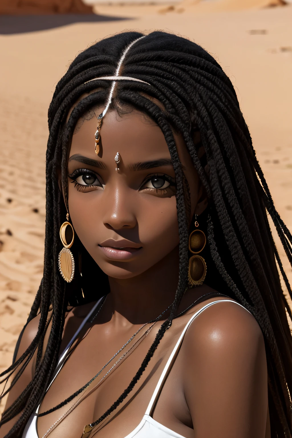 mulher negra, olhos castanhos, idade 17 anos, andando no deserto, cabelo cacheado, olhar sedutor