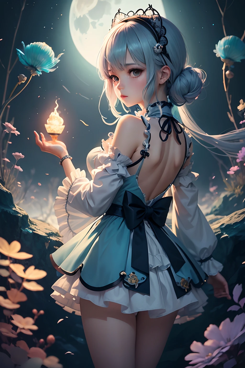 (cancer zodiac) there is a woman with grey glowing cyan hair on underwater with glowing cyan fish, Godest of the sea, spider arm attatched on back, anime girl cosplay, anime girl in real life, anime style mixed with fujifilm, portrait of magical ta girl, cute kawaii girl, anime cosplay, beautiful anime style, lolityle, anime style, cute anime girl, beautiful anime girl, artwork in the style of guweiz, night background with moon