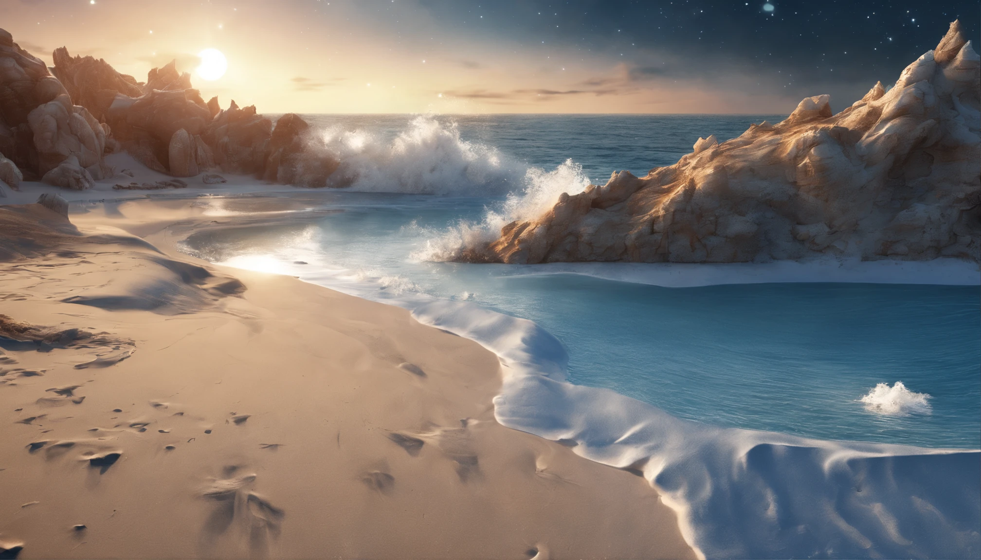 huge planet, the night, starrysky, surrealism, masutepiece, hight resolution、Impressive Milky Way、sand beach、Blue Sea、drift ice