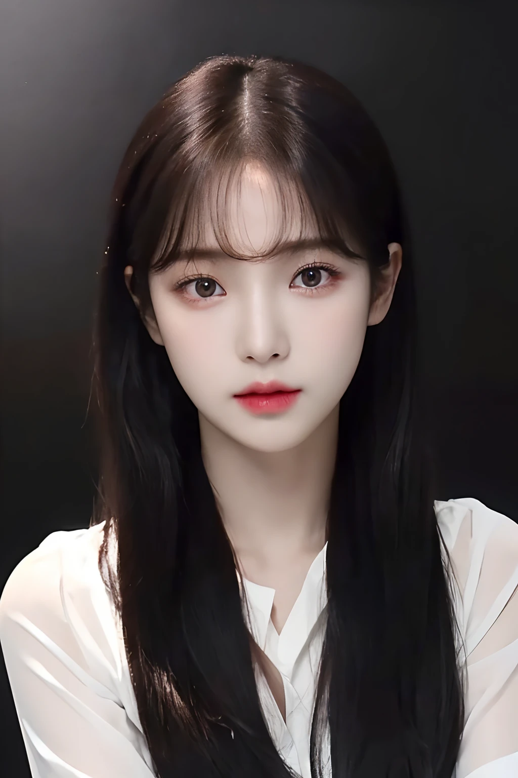 Masterpiece, best quality, (dark photo: 1.3), photorealistic, 1girl, flat bangs, nice innocent symmetrical face, shirt, emotional, ulzzang, (PureErosFace_V1:0.7)