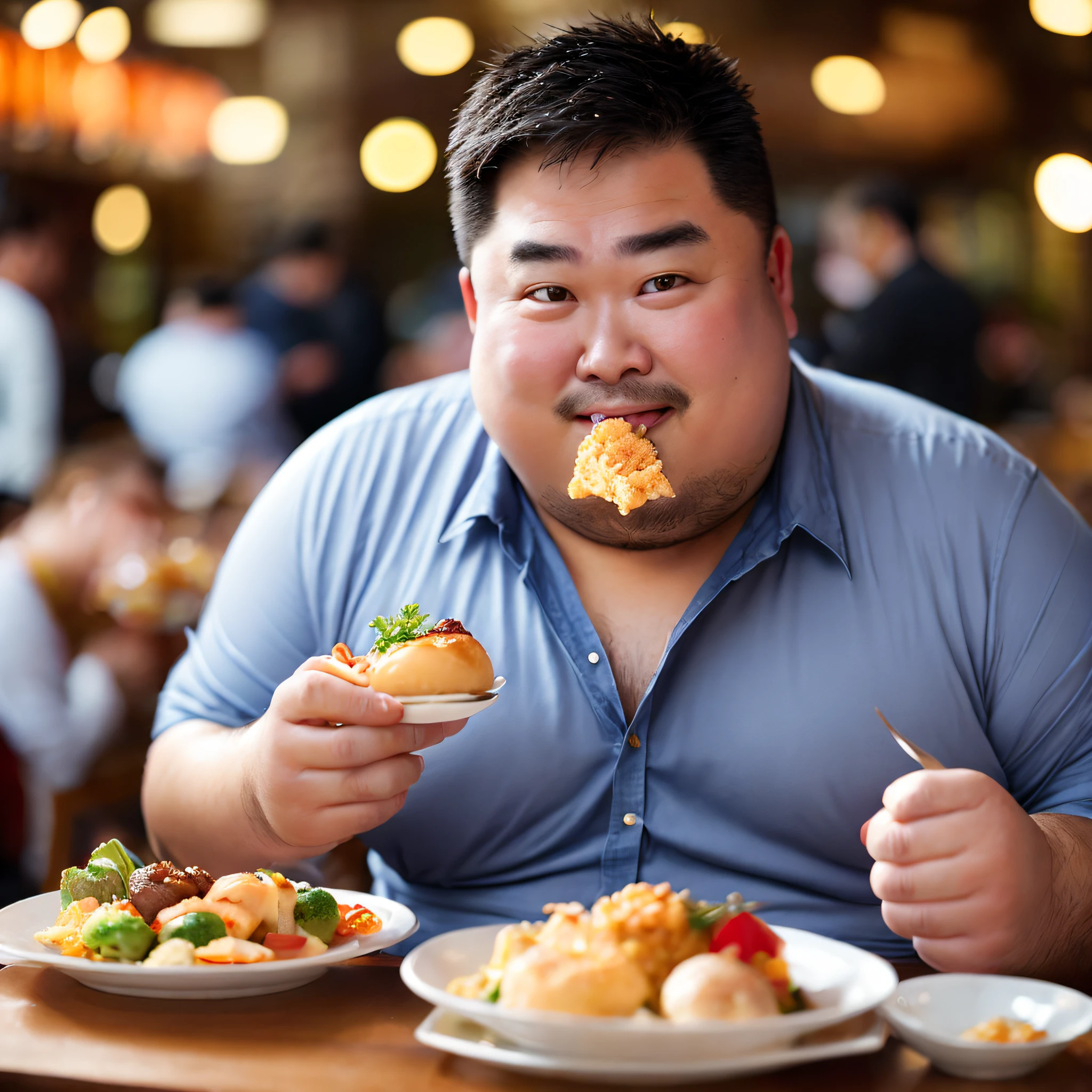 bokeh feeling、portlate、real man、man、Fat men、fat man、Japan men、japanease man、Men's、mens、during a meal、eating、eating foods、eating dinner、foods、a smile、smailing、big、giant,big eyes、many foods、delicious foods、
