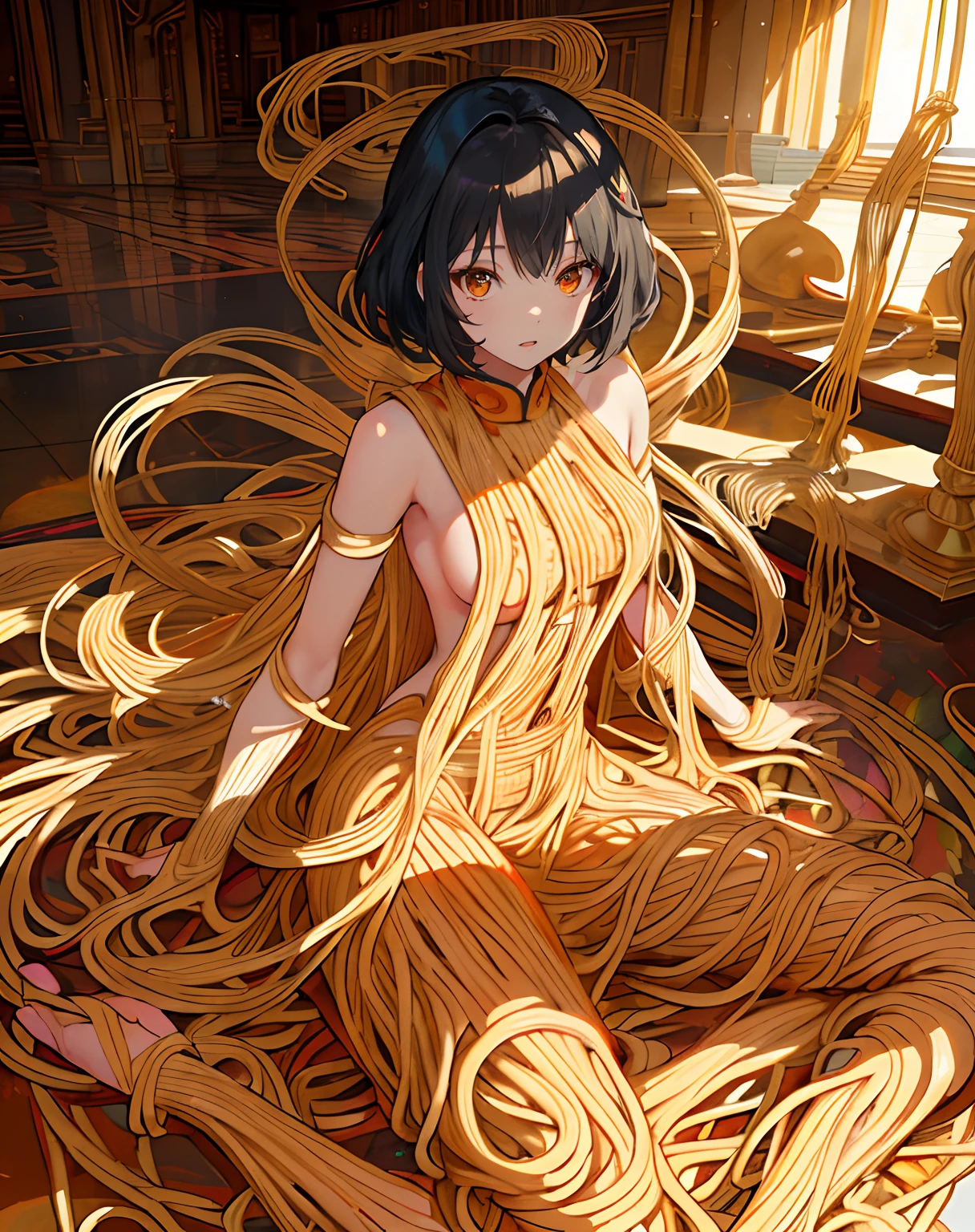 (Masterpiece, super detailed,best quality, official art, beautiful and aesthetic:1.2), cinematic lighting,from front,1girl:1.3,(real),(highly detailed CG Illustration),short black hair,bangs,(noodles garment),(pasta-made ensemble:1.2),(noodles covering body), complete,(noodles attached her limbs),(noodles covering limbs:1.2),(strings of noodles attached her limbs),(laying on your back), orange seamless background, science fiction, (focus character),real shadow,(nudity with noodles covering),(noodles:1.4),(floor:1.4)