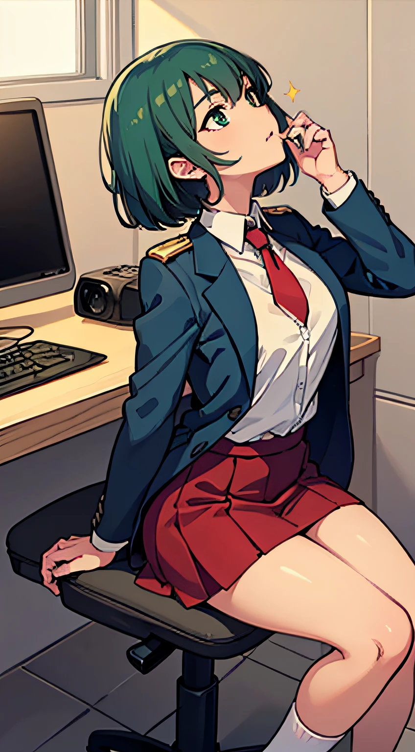 ((masterpiece, top quality)), (solo), profile, built for camera, oriented, sleepy look, uniform, long white shirt, blue tie, red blazer, red vest, beige skirt, skirt is knee length, blue high socks, loafer shoes, teen girl , Tiny breasts, slender thighs, soft skin, nice large dark green eyes (high detail eyes), short silky bob falling straight down to shoulder length, short hair towards back of head, dark green hair, office, sitting, typing on computer keyboard, looking up viewpoint, overhead configuration, Complaints, Floating Droplet, Lens Flare, Fine Features, Perfect Anatomy, Centered, Perfect Distance, Highly Detailed, Complex, Accurate, Highly Detailed Rich Color, Smooth, Rich Color, Accurate, Clean, Rich Color, Elaborate Detail, Golden Ratio Illustration