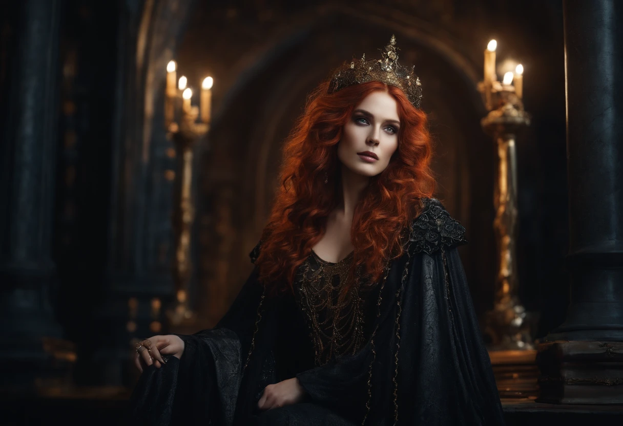 a witch with wavy and messy scarlet hair, wearing a cloak black as night and stars on her head, facing a temple dedicated to herself, with gothic details, gold and silver