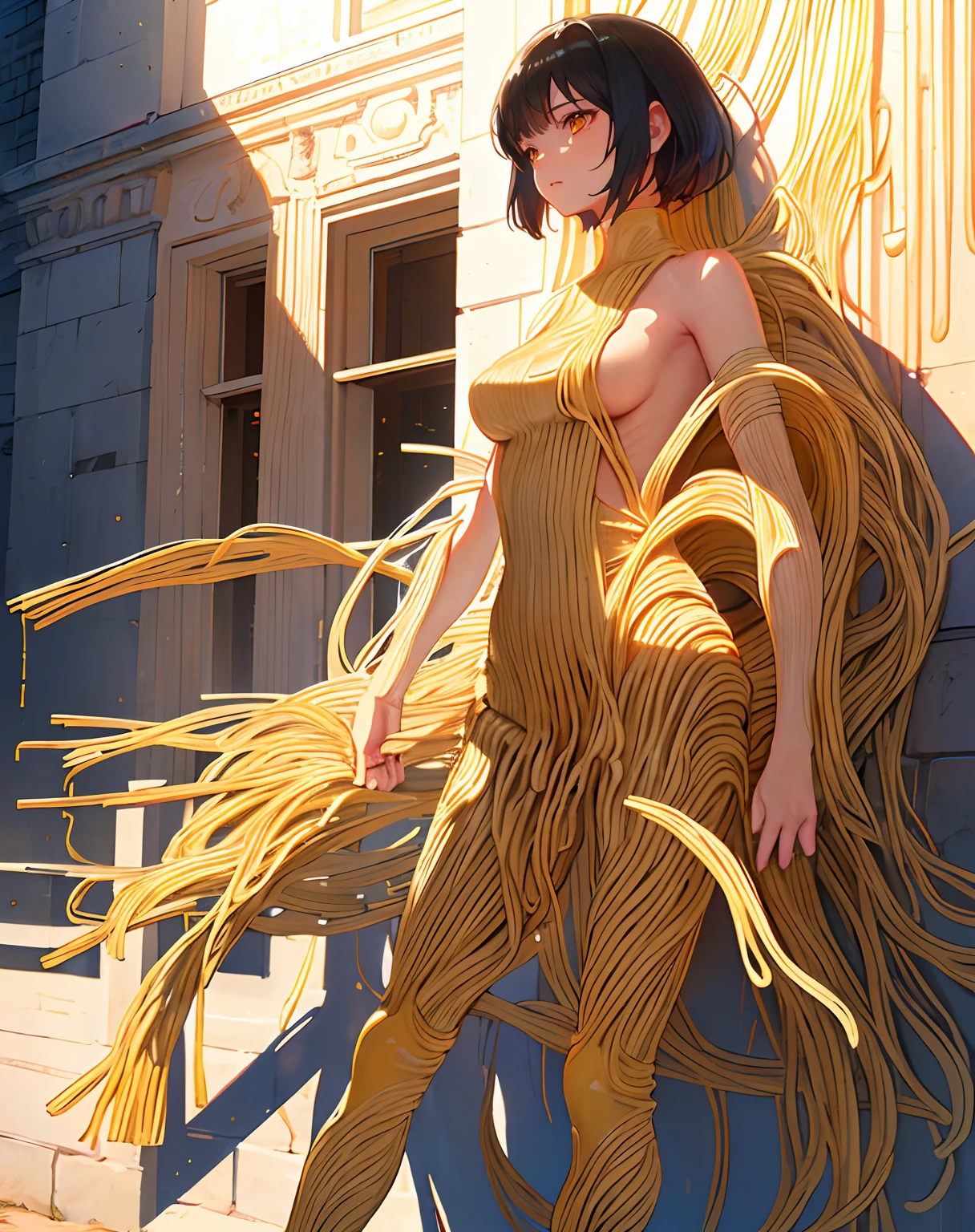 (Masterpiece, super detailed,best quality, official art, beautiful and aesthetic:1.2), cinematic lighting,from front,1girl:1.3,(real),(highly detailed CG Illustration),short black hair,bangs,(noodles garment),(pasta-made ensemble:1.2),(noodles covering body), complete,(noodles attached her limbs),(noodles covering limbs:1.2),(strings of noodles attached her limbs),(standing with professional pose), orange seamless background, science fiction, (focus character),real shadow,(),(noodles:1.4),(wall:1.4)