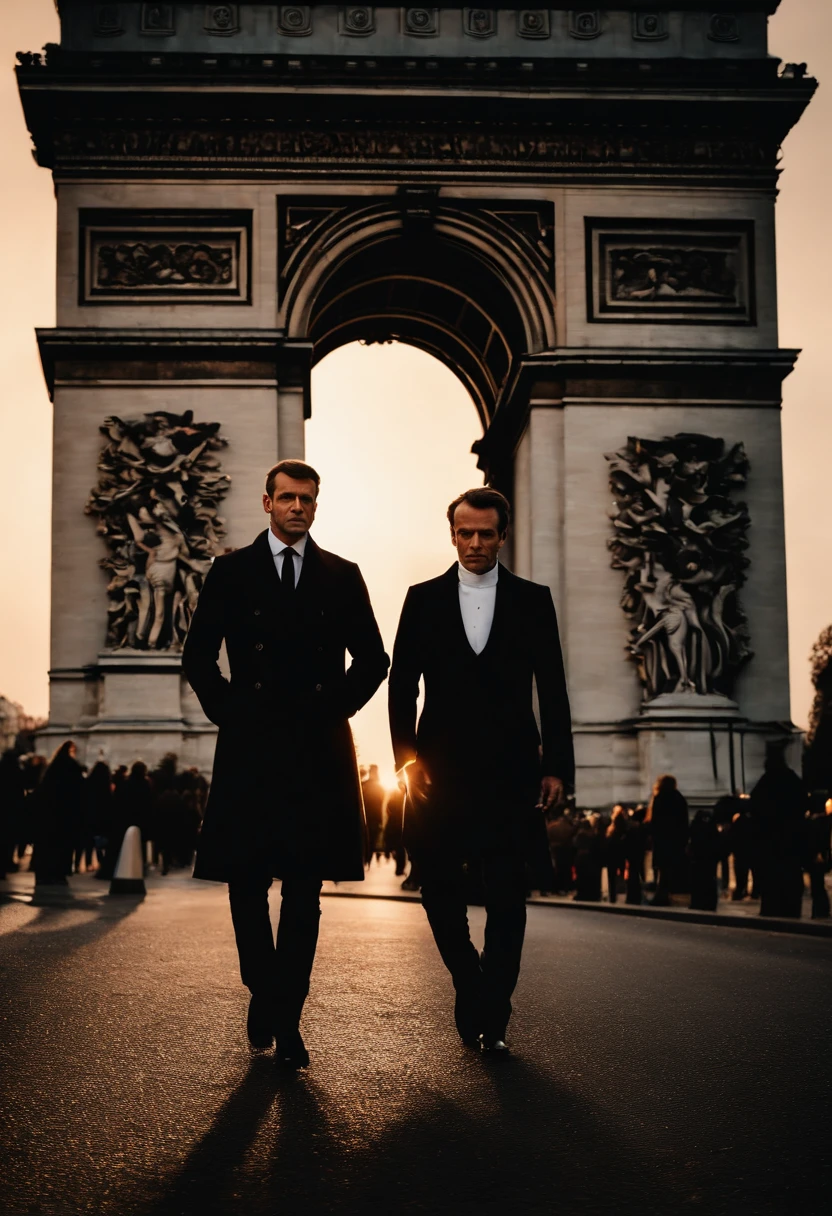 corps entier, Wide-angle close-up portrait of President Macron's body in the presence of King Charles 3 of England, Grand et en forme, (40 ans:1.1), (shaven:1.2) , (cheveux bruns courts:1.2),(Cheveux courts:1.3). Dark brown tight velvet suit, (La veste a des motifs de fleurs noires:1.2). (posing outside under the Arc de Triomphe with a luxury car:1.1), crowded street with cafes in the distance, Cold and dark sunset at dusk, (Edge Light:1.1), (angry look), (hard light on the skin:1.2), (ombres dures, dark themed, Contraste profond:1.1), (photographie de portrait par Annie Liebovitz), Dark mint theme and choral aesthetics, (skin imperfections)