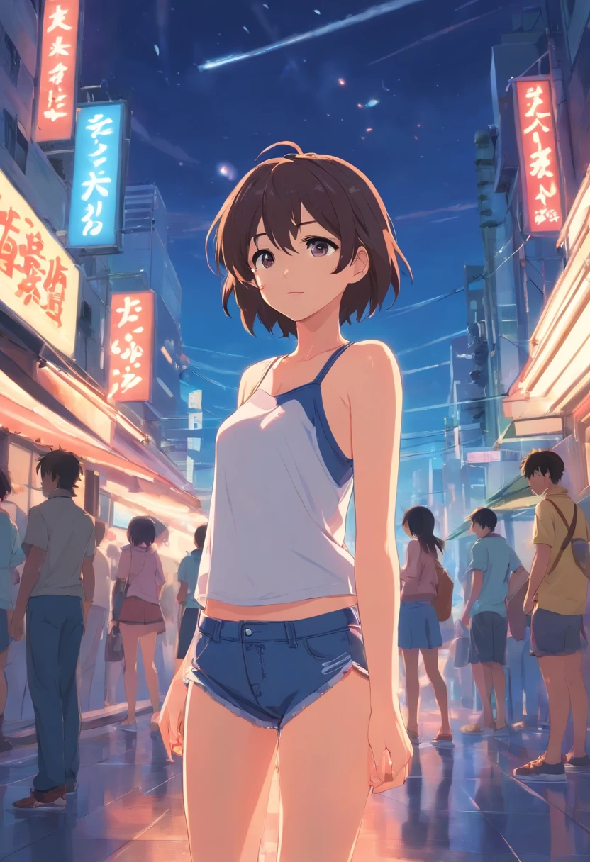 Chica de anime sonriendo, cabello rosado, cabello desordenado, ojos rojos, cara linda, Mirada de novia, Parte superior blanca, falda corta negra, pose sensual, cuerpo completo, baja estatura, ropa colegiala, naked