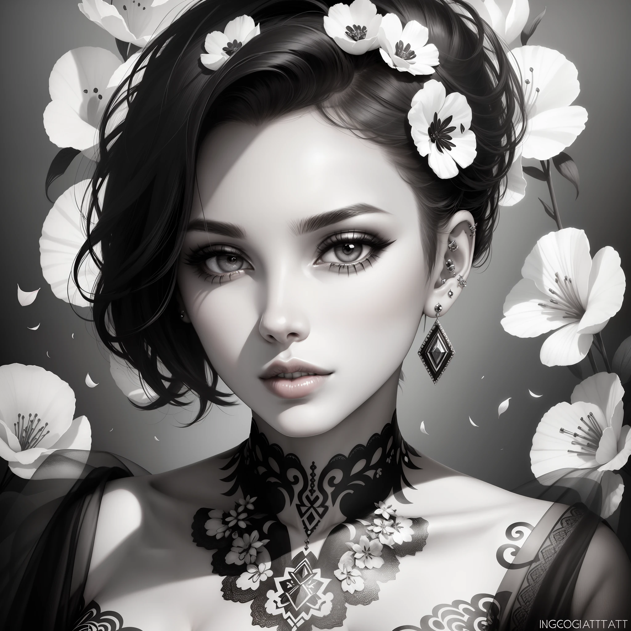 Digiart style, 1girl in, Solo, Looking at Viewer, Short hair, Simple background, White background, Jewelry, monochromes, grayscales, earrings, Parted lips, Lips, flower petals, Eyelashes, The tattoo, makeup, watermarked, Piercing, ear piercings, Portrait, Digital Art