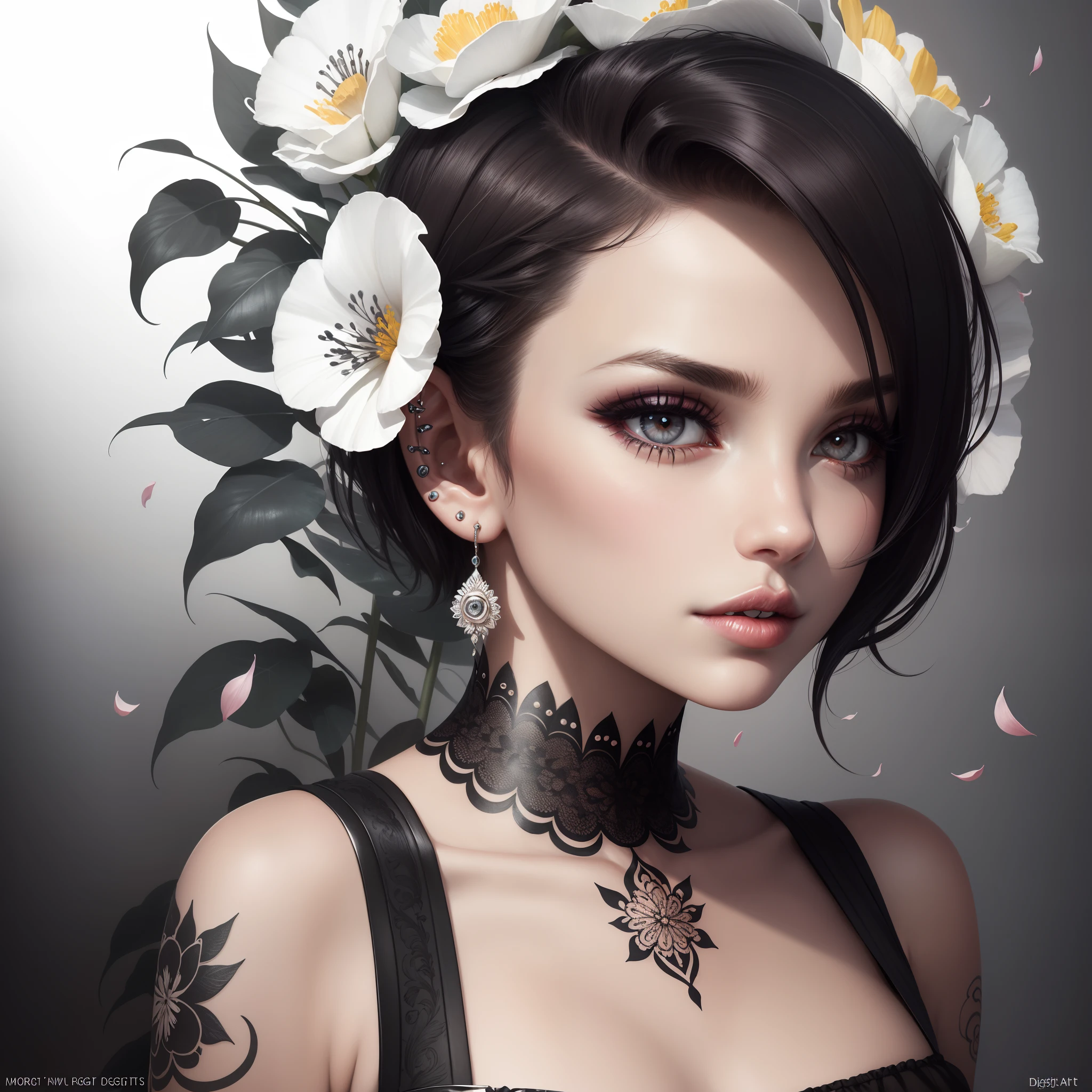 Digiart style, 1girl in, Solo, Looking at Viewer, Short hair, Simple background, White background, Jewelry, monochromes, grayscales, earrings, Parted lips, Lips, flower petals, Eyelashes, The tattoo, makeup, watermarked, Piercing, ear piercings, Portrait, Digital Art