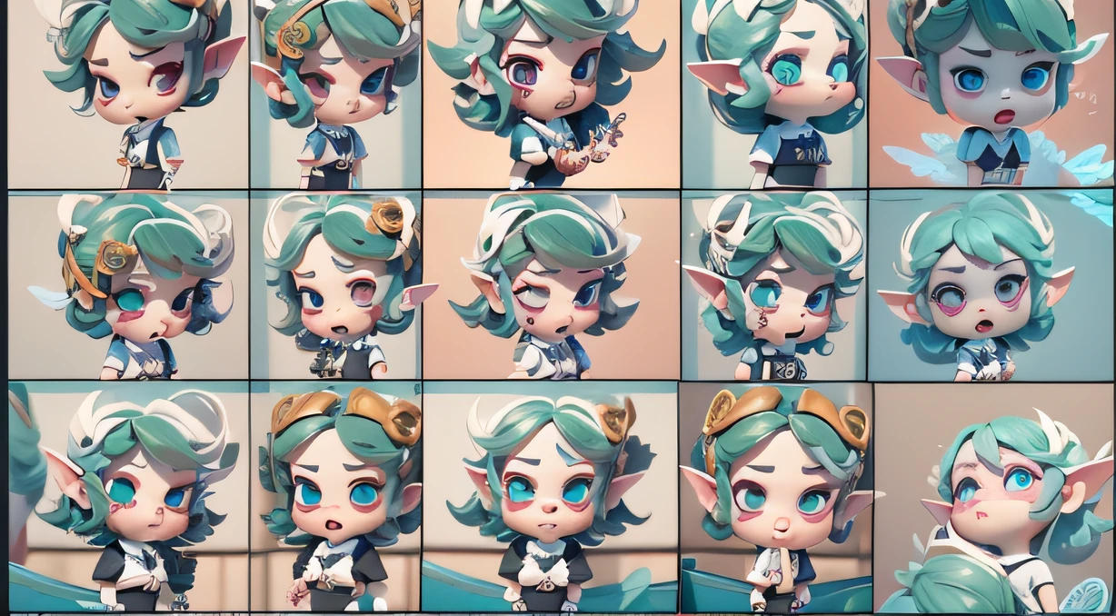Italian Baraco comic storyboard style,Taoist fairy,Huangshan people,Exquisite Hair,Arm carving,White-blue hair all over the body,Delicate gradient shoes,Eye portrayal,Exquisite Hair,Popmart blind box,Clay texture,Treading on the ground,Black and white background,natural lightting,Best quality at best,Hyper-detailing,arte 3D,C4D, OC renderer, a 3D render, 8K,45 degree viewing angle,Multiple expressions