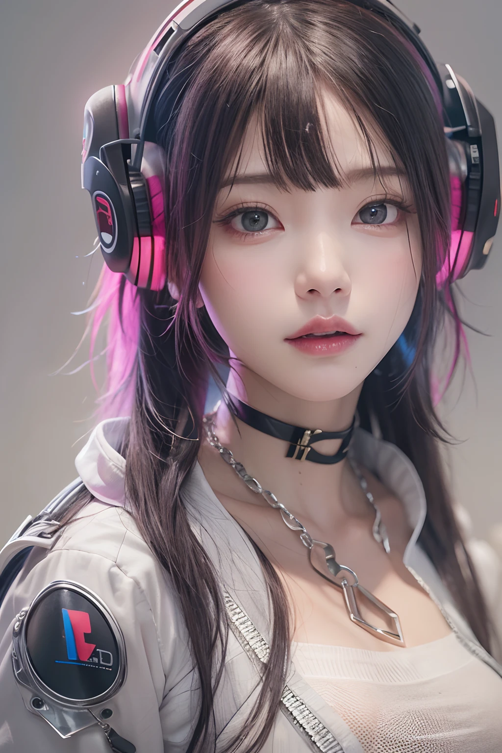 Top Quality, Masterpiece, Ultra High Resolution, (Photorealistic: 1.4), Raw Photo, 1 Girl, Black Hair, Glossy Skin, 1 Mechanical Girl, (Ultra Realistic Details)), Sidmead-inspired Mecha Design, Portrait, Global Illumination, Shadows, Octane Rendering, 8K, Ultra Sharp, Big, Cleavage Exposed Raw Skin, Metal, Intricate ornament details, headset, hydraulic cylinder, very intricate details, realistic light, CGSoation trend, purple eyes, glowing eyes, facing the camera, neon details, mechanical limbs, blood vessels connected to tubes, mechanical vertebrae attached to the back, mechanical cervical attachment to the neck, sitting, wires and cables connecting to the head, Evangelion, cyberpunk, small LED lamps,