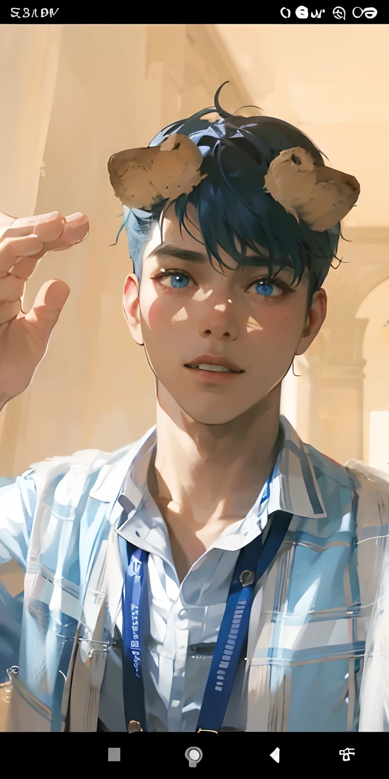 Convert the image into manga style, blue eyes, blue hair, cute boy