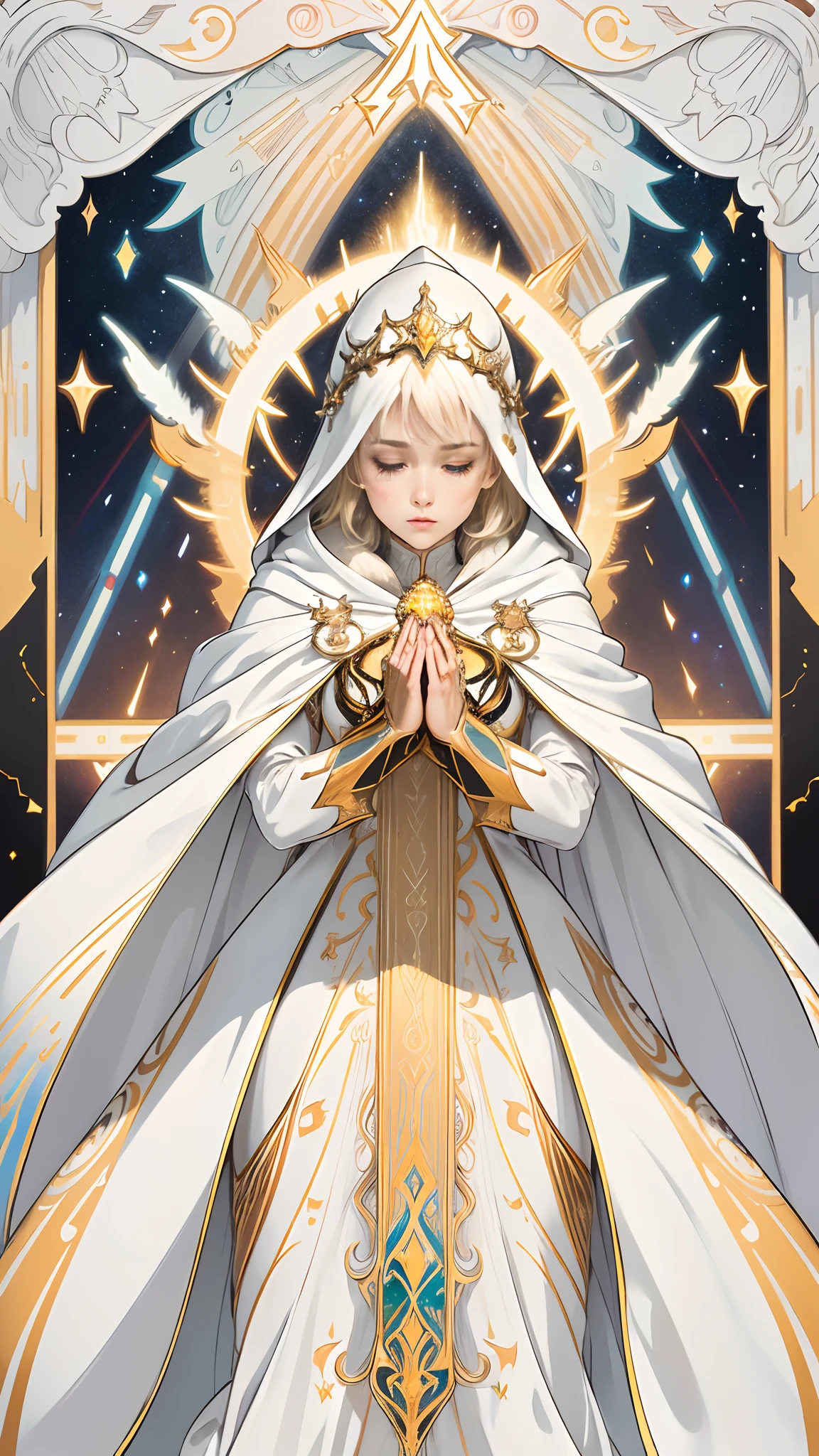 (masterpiece, top quality, best quality, official art, beautiful and aesthetic:1.2), (1girl), extreme detailed, colorful, highest detailed, purest perfect face, upper body, HDR, (praying:1.3), (white cloak golden lines:1.2), galaxy, (light streaks), striking visuals, (dynamic streaks, luminous trails:1.2), vibrant colors, illustrated as tarot card