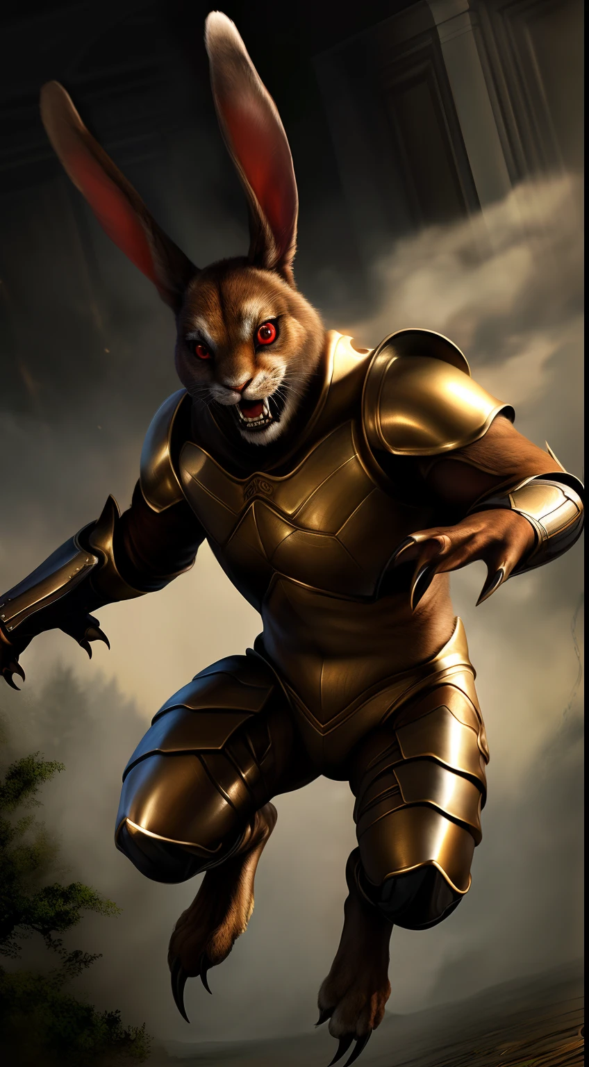 (Best Quality,Ultra-detailed,Realistic:1.37)、anthology、 Rabbits jumping high, Solo, Rabbit Woman in Armor, Atrocious、cruel、offensive、Evil face、Sharp front teeth、sharp claws、Detailed red eyes, long ears、Standing, Long human-like torso、human sized、(realistic fur, furr, realistic fur texture:1), Horror movie lighting、(Full body:1.8)
