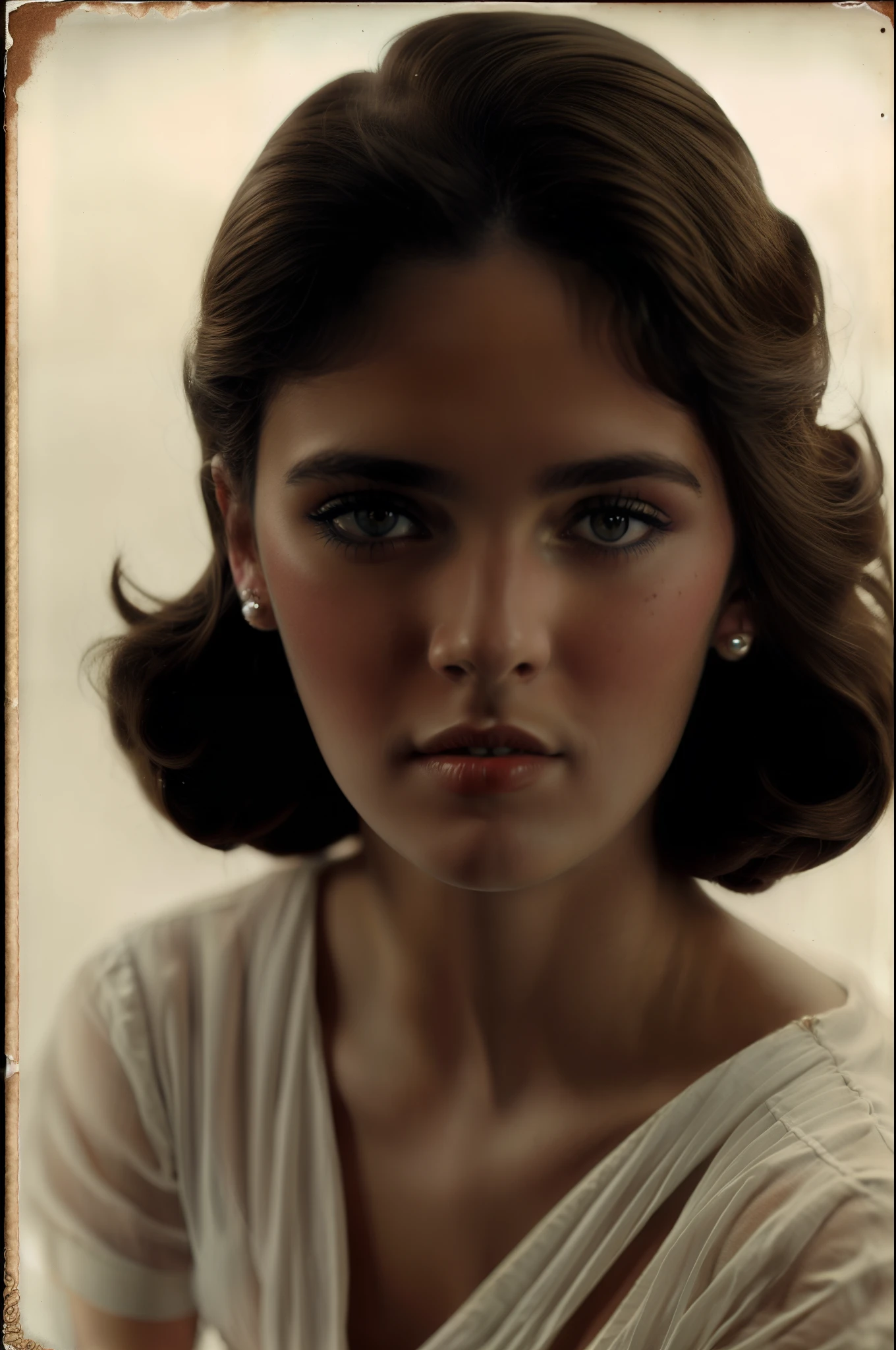 A woman IN a white shirt and a hazy background, an old gritty atmosphere, realistic, intricate details, true skin texture, front portrait, autochrome pearl portrait, close-up vintage photography, Inspired by Araquém Alcântara, Realistic antique photography, young woman photo, photography portrait, color studio portrait, center frame portrait, Portrait of a woman, modelshoot style, Analog style, 1960's ANALOG CAMERA