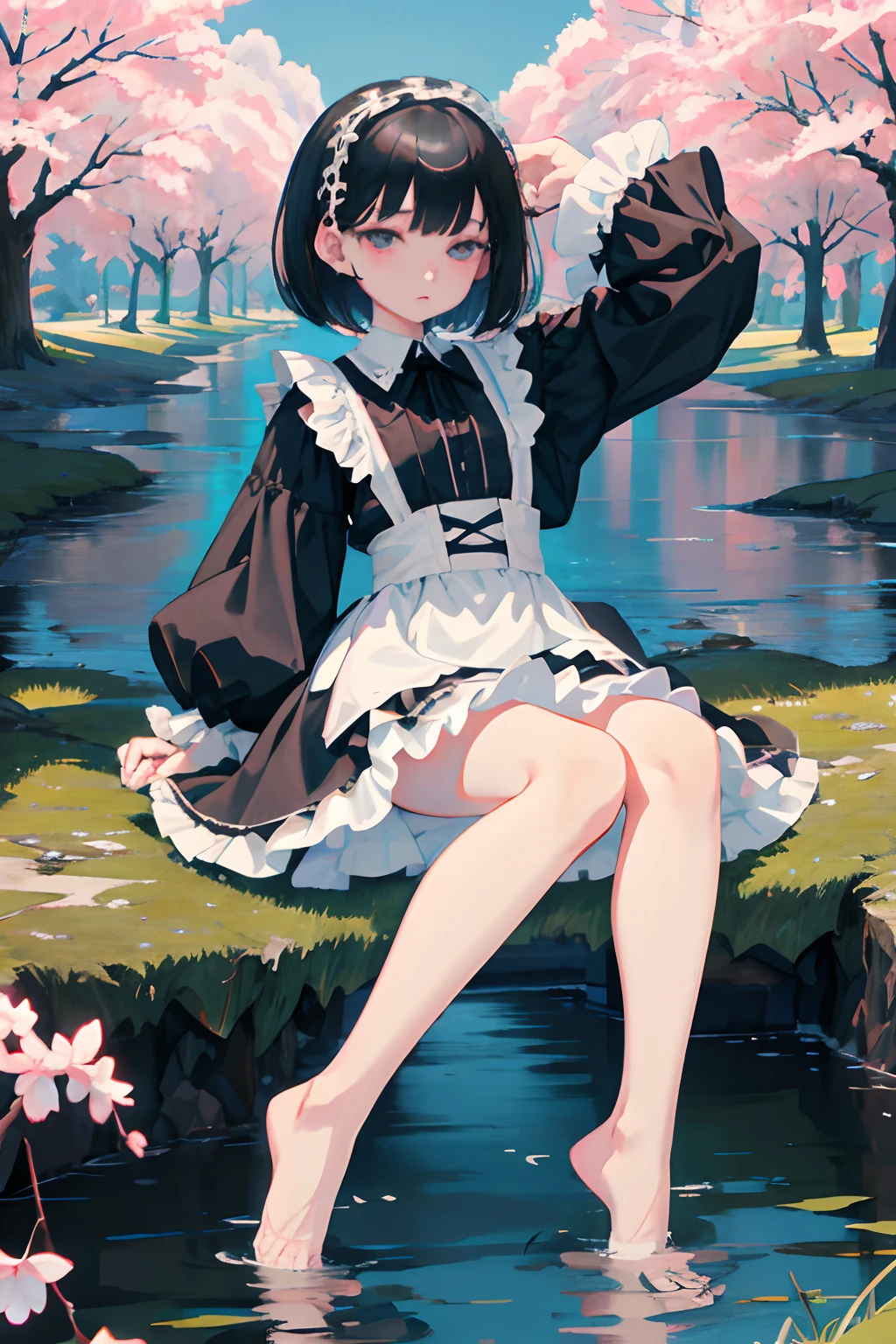 Knees，Curtsey，lift up one's skirt，child，（​masterpiece，Highest Quality），(shortsleeves，White Gothic Lolita)，Sleepy face，Round eyes，A dark-haired，Semi-long bob，bare-legged，small stream，cherry trees，undergarment