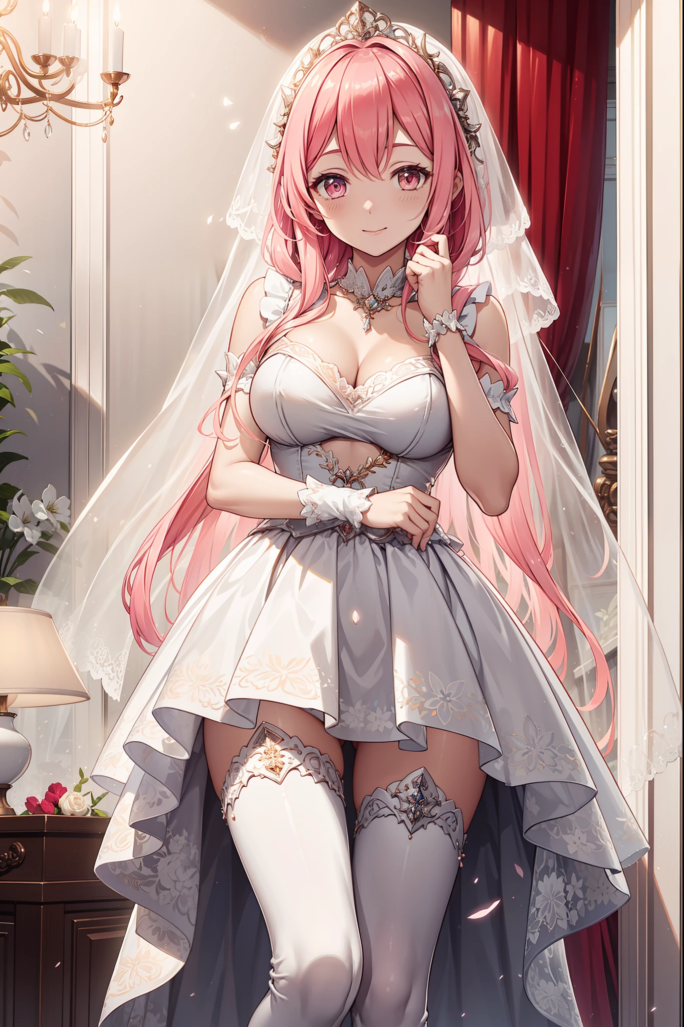 girl turning around, ((highest quality)), (super detailed), (Very detailed CG synthesis 8k wallpaper), very detailed, High-definition RAW color photo, professional photography, ((beautiful big breasts)), ((bare chest)), (pink hair ornament), silver hair, wonderful face and eyes, , (amazingly beautiful girl), School, (see-through sheer micro bra:1.6), (Shiny pink satin panties with fine ruffles:1.3)、panties that cover the butt、garter belt、my back is turned、showing your butt、Angle from the back、kneeling